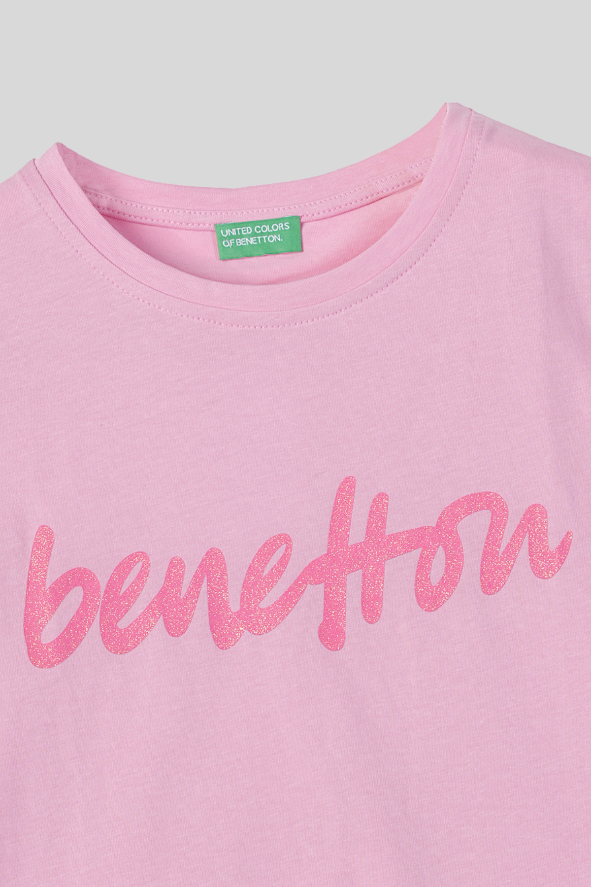 4-14 Yaş Benetton Simli Yazı Baskılı Kolsuz Kız Çocuk Atlet Pembe