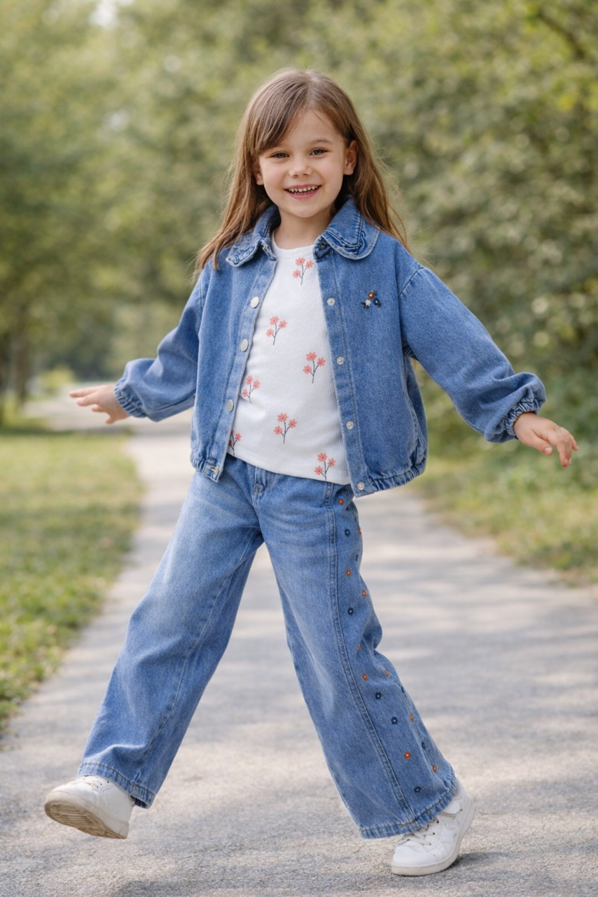 4-8 Yaş Nakış Çiçek İşlemeli 3lü Kız Çocuk Kot Takım Mavi