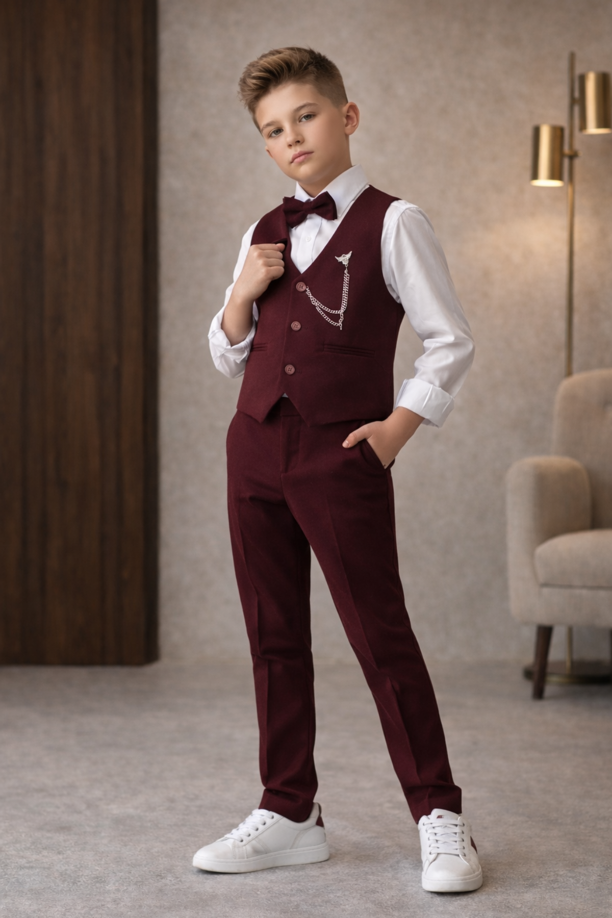 Lüks Planet Yelekli Papyonlu Erkek Çocuk Takım Elbise Bordo