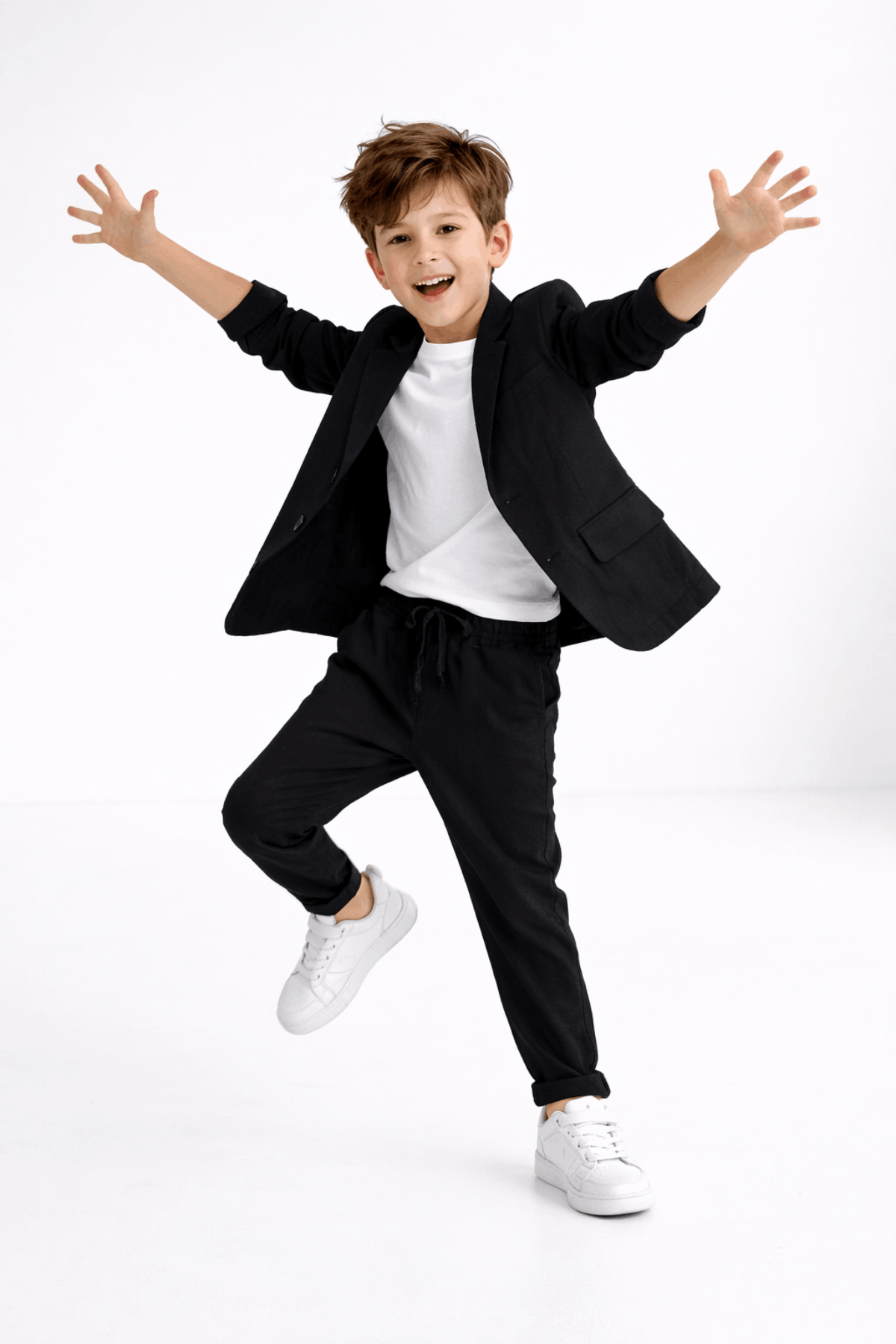 2-13 Yaş Premium Tişörtlü Başak Doku Keten Çocuk Takım Elbise Siyah