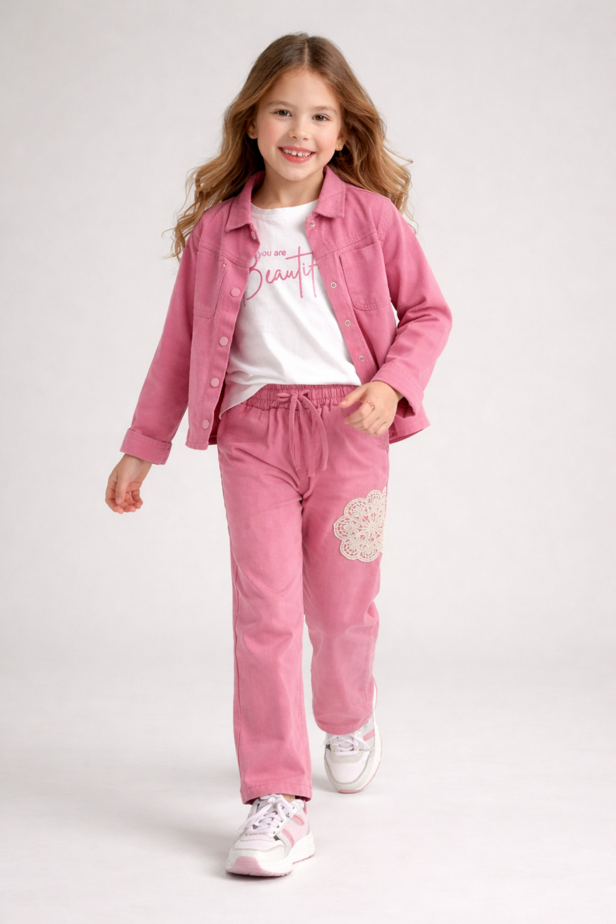 4-8 Yaş Örgü Aplikeli Gabardin Kız Çocuk Takım Gül Kurusu