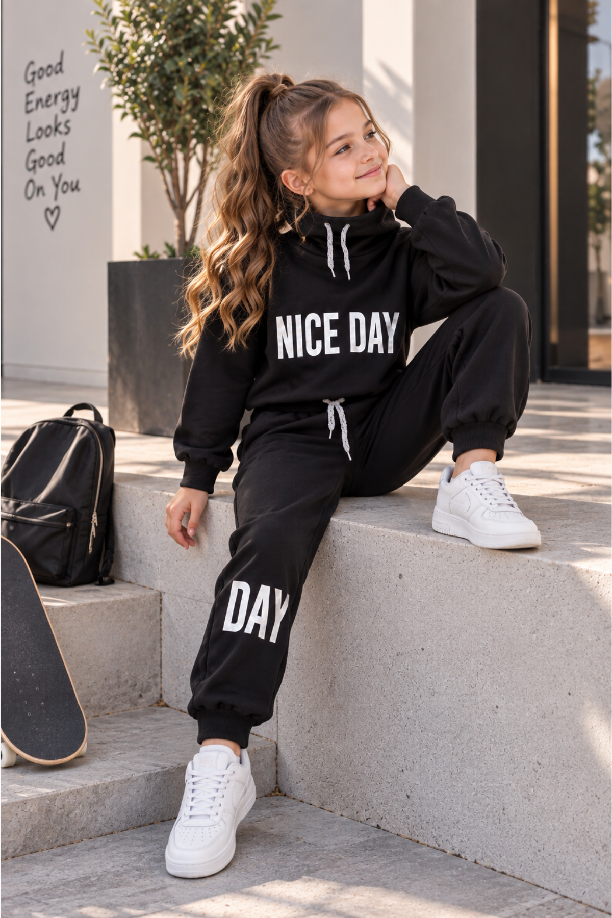 Nice Day Balıkçı Yaka Kız Çocuk Eşofman Takımı Siyah
