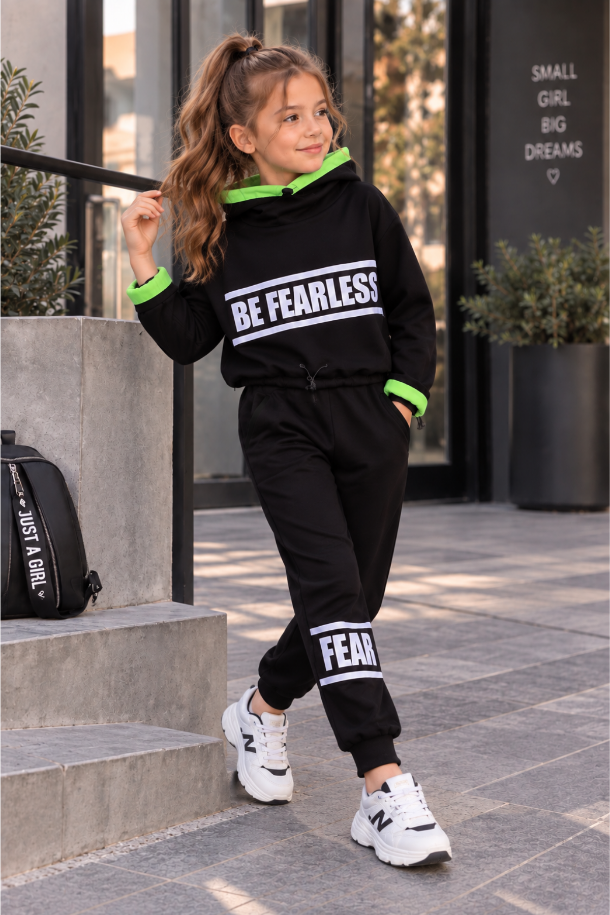Be Fearless Balıkçı Yaka Neon Detay Kız Çocuk Eşofman Takım Siyah