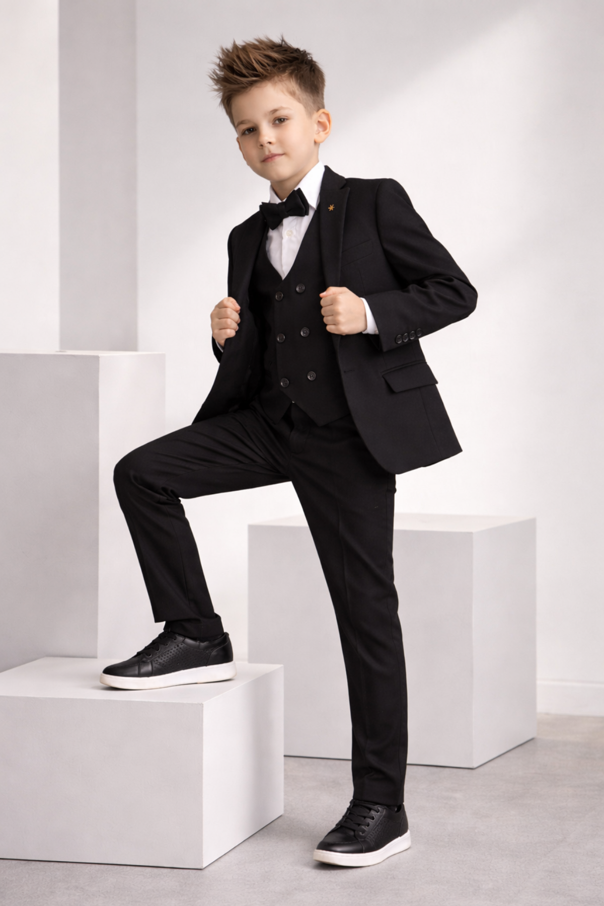 1-16 Yaş Çift Düğme Yelekli Ceketli Erkek Çocuk Takım Elbise Siyah