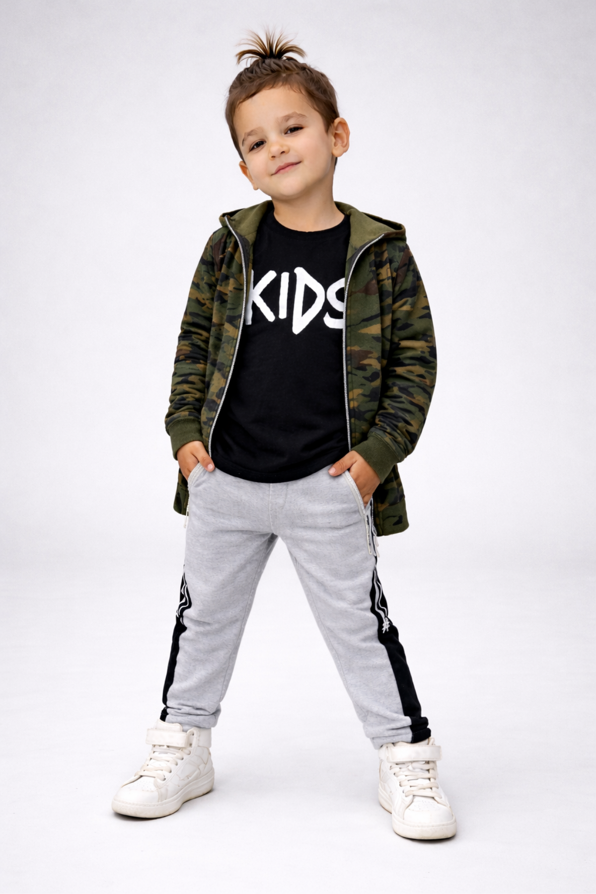 Kids Kamuflaj Kapüşonlu Ceketli 3lü Erkek Çocuk Takım