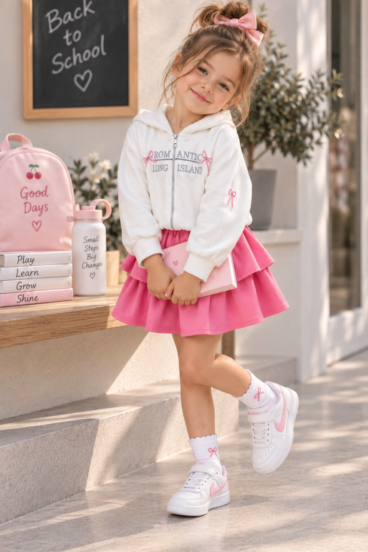 2-10 Yaş Romantik Sweat Etek Kız Çocuk Takım Pembe