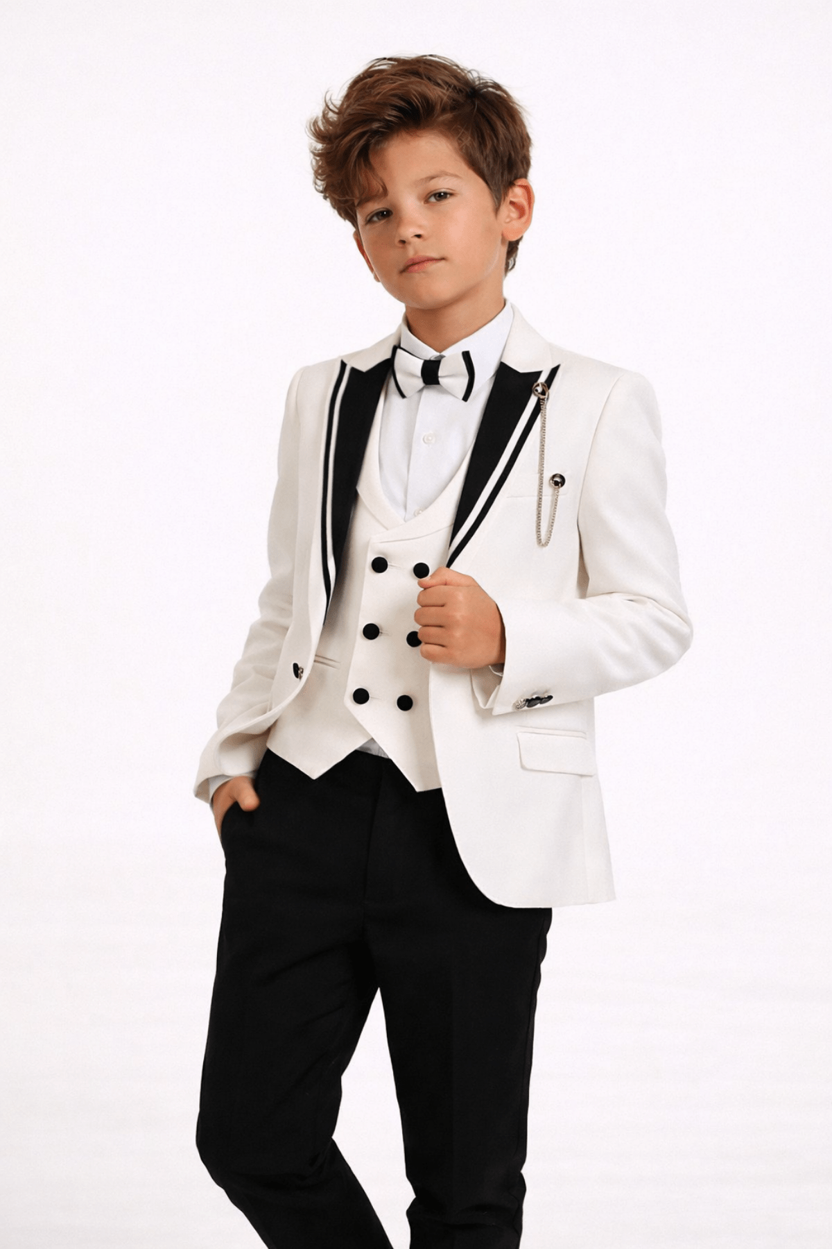 3-14 Yaş Premium Yeleği Katlamalı Erkek Çocuk Damatlık Krem