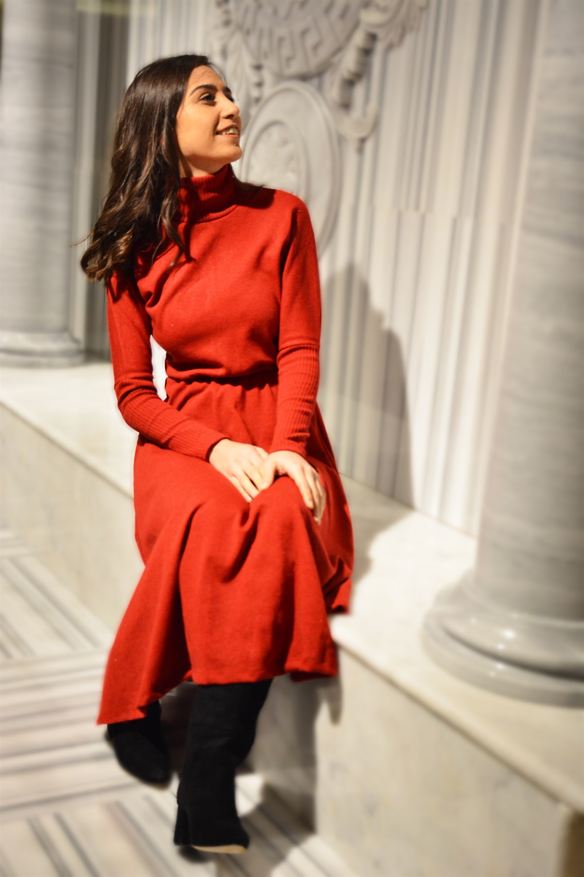 Kırmızı Balıkçı Yaka Kırçıllı Triko Çan Elbise