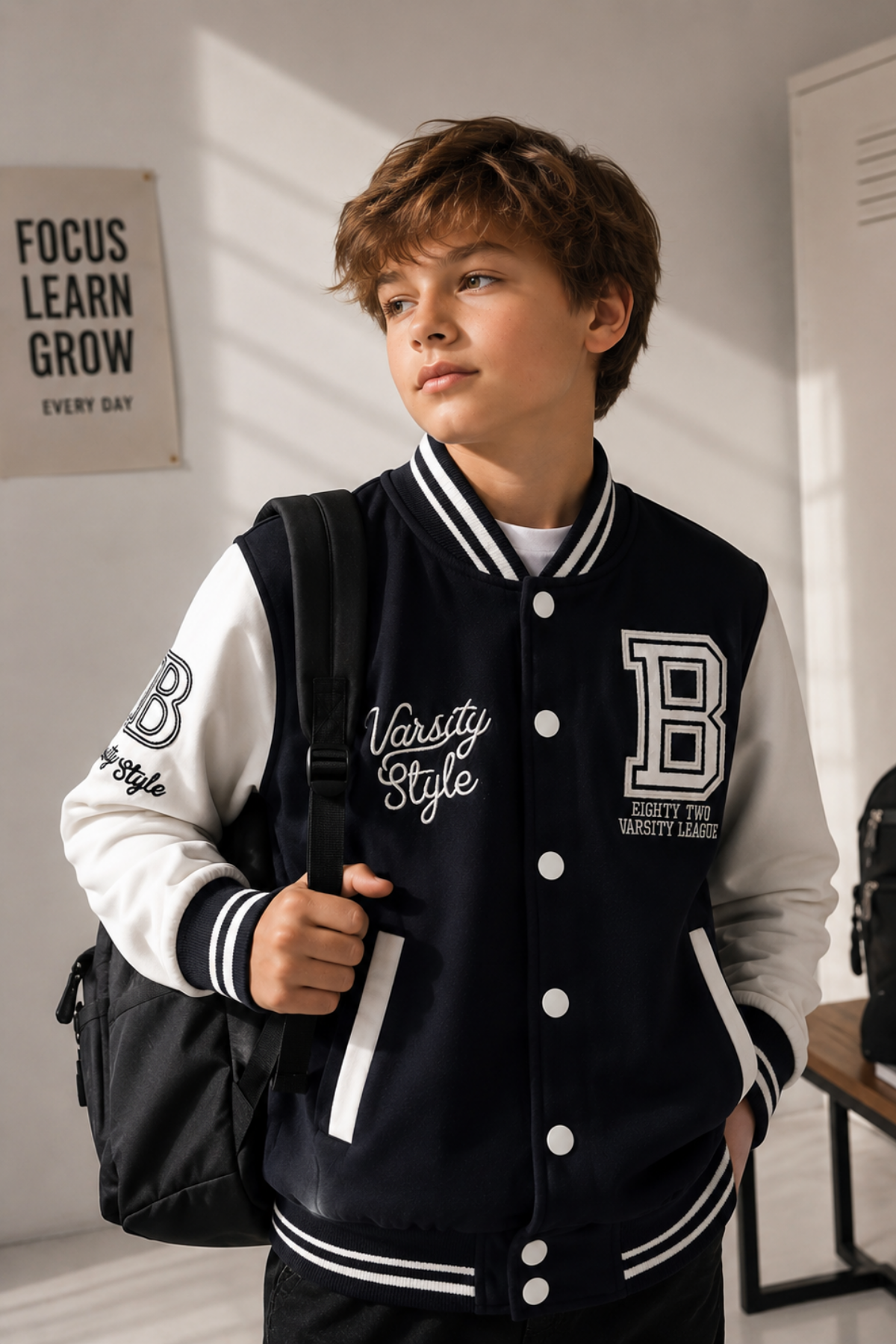 6-13 Yaş Varsity Style Çıtçıtlı Kolej Erkek Çocuk Ceket Lacivert