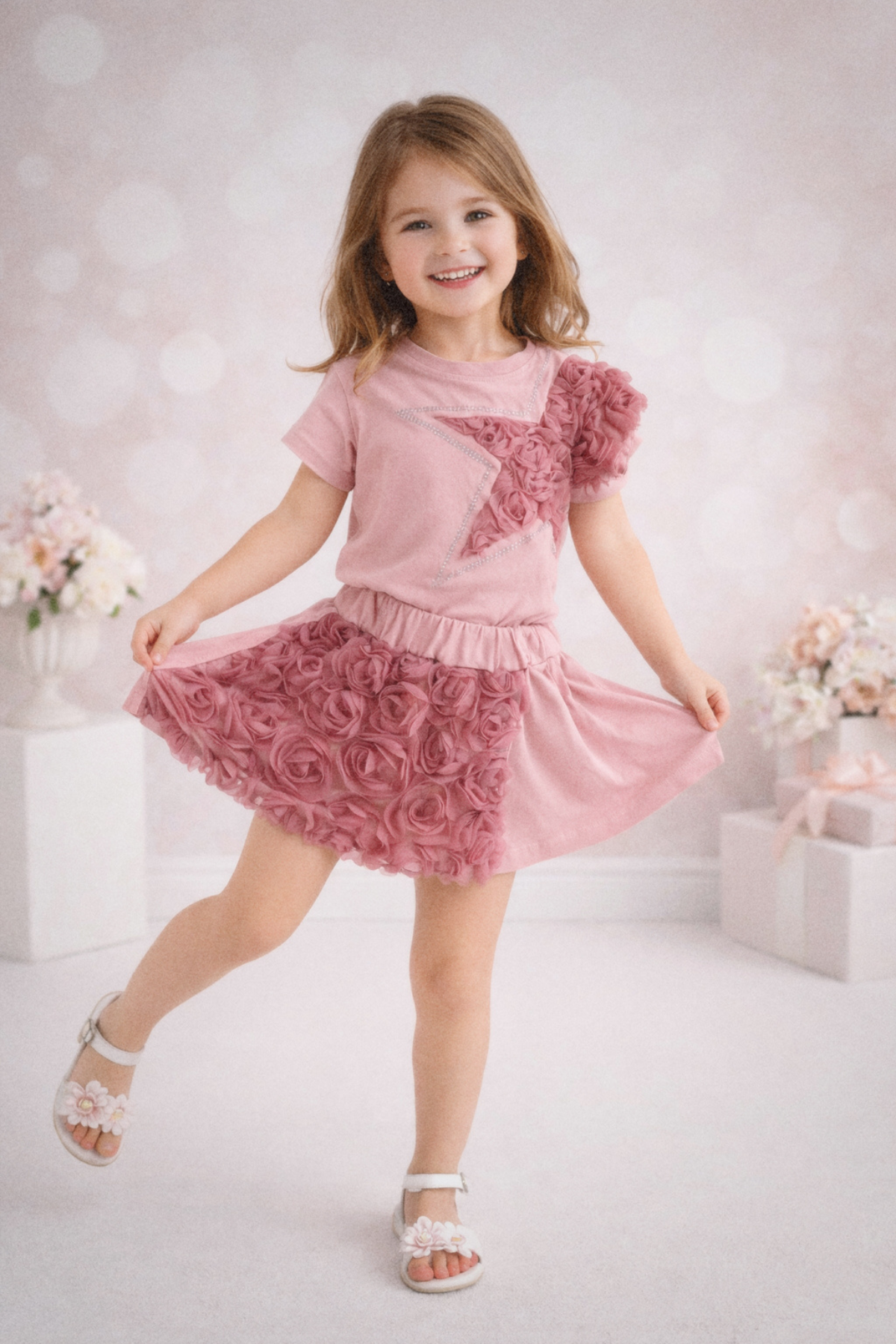 4-10 Yıldız Detay Şort Etekli Güllü Takım Gül Kurusu