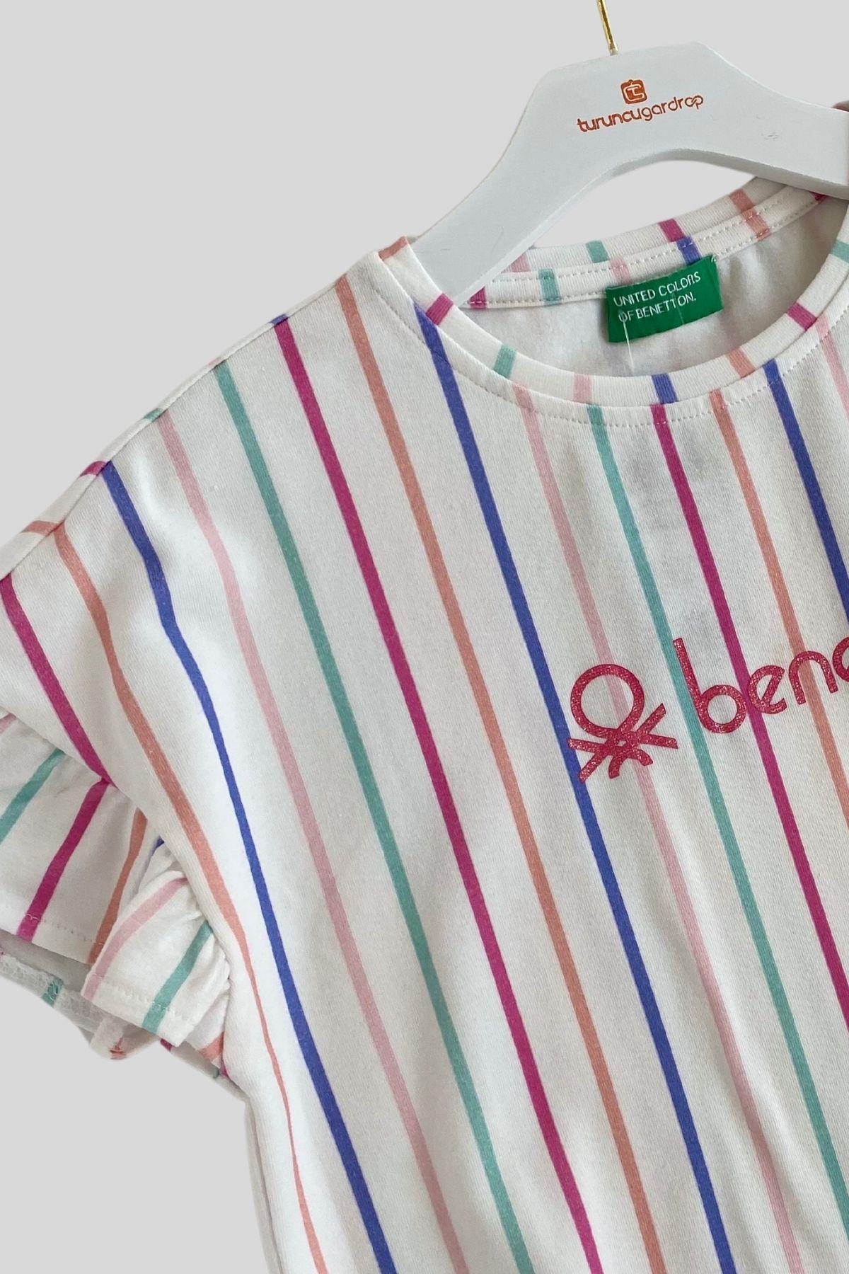 4-14 Yaş Benetton Kolları Fırfırlı Çizgili Kız Çocuk Tshirt Beyaz