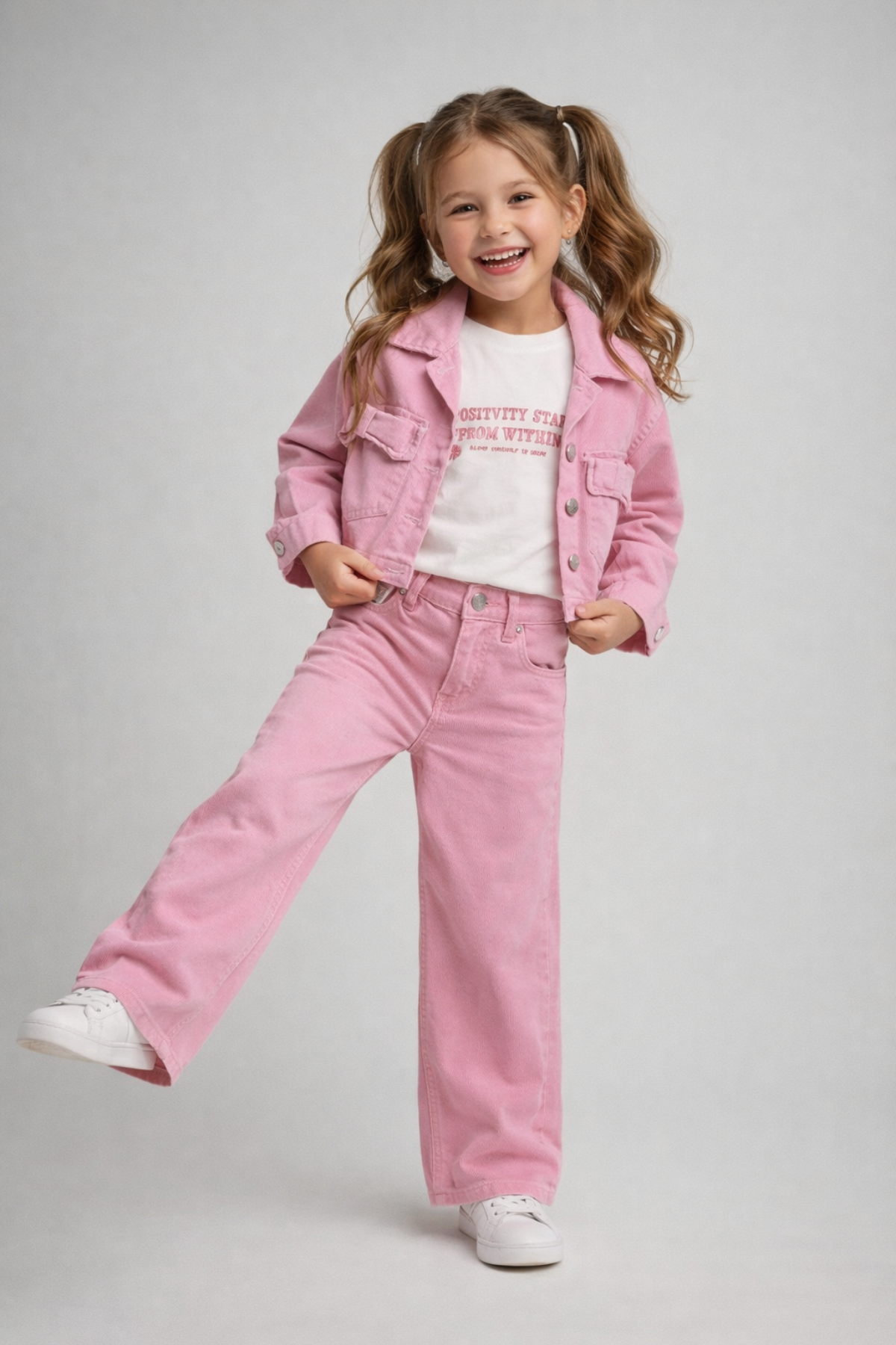 3-10 Yaş Fiyonk Cepli Gabardin Kız Çocuk Takım Pembe