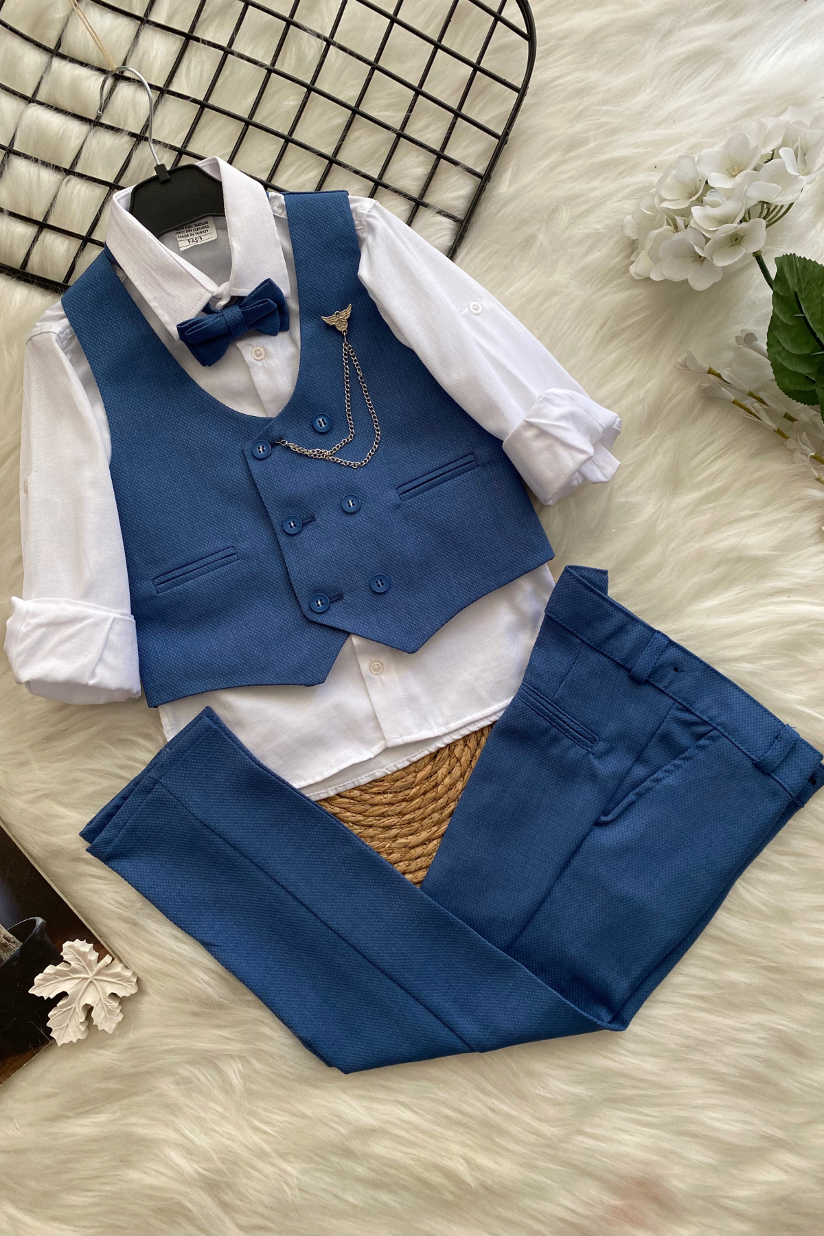 Zincir Detay Çift Düğmeli Erkek Çocuk Takım Elbise İndigo