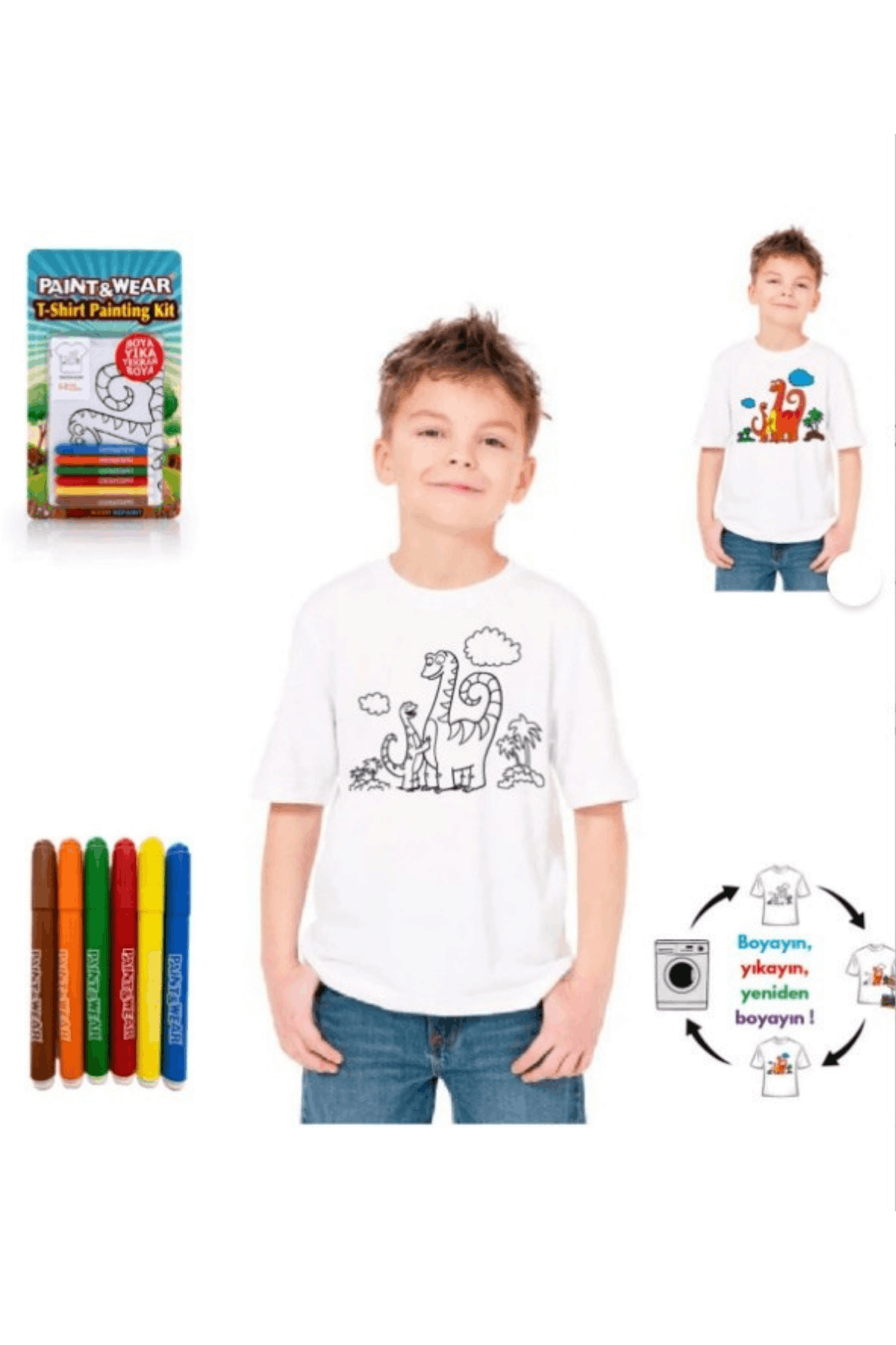 4-11 Yaş Dinozorlu Boya-Yıka Tişört Seti Beyaz