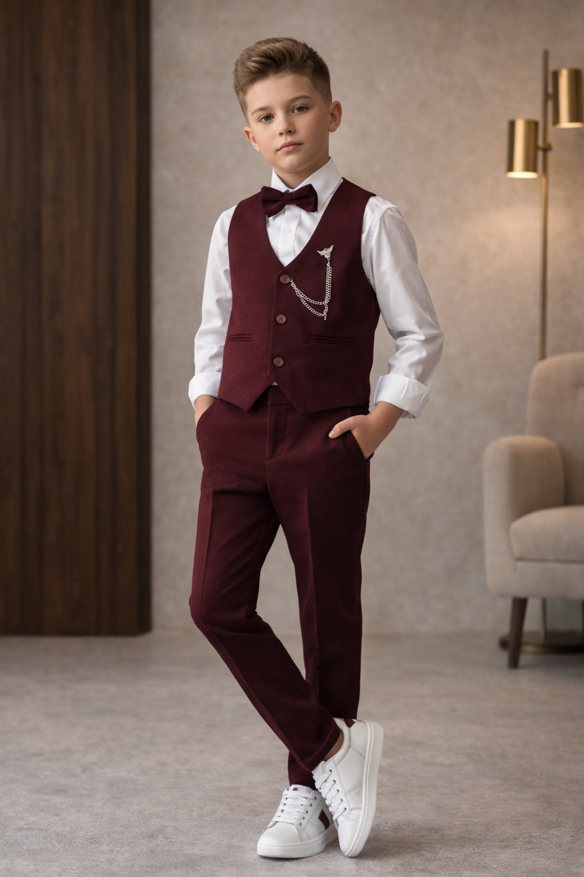 Lüks Planet Yelekli Papyonlu Erkek Çocuk Takım Elbise Bordo
