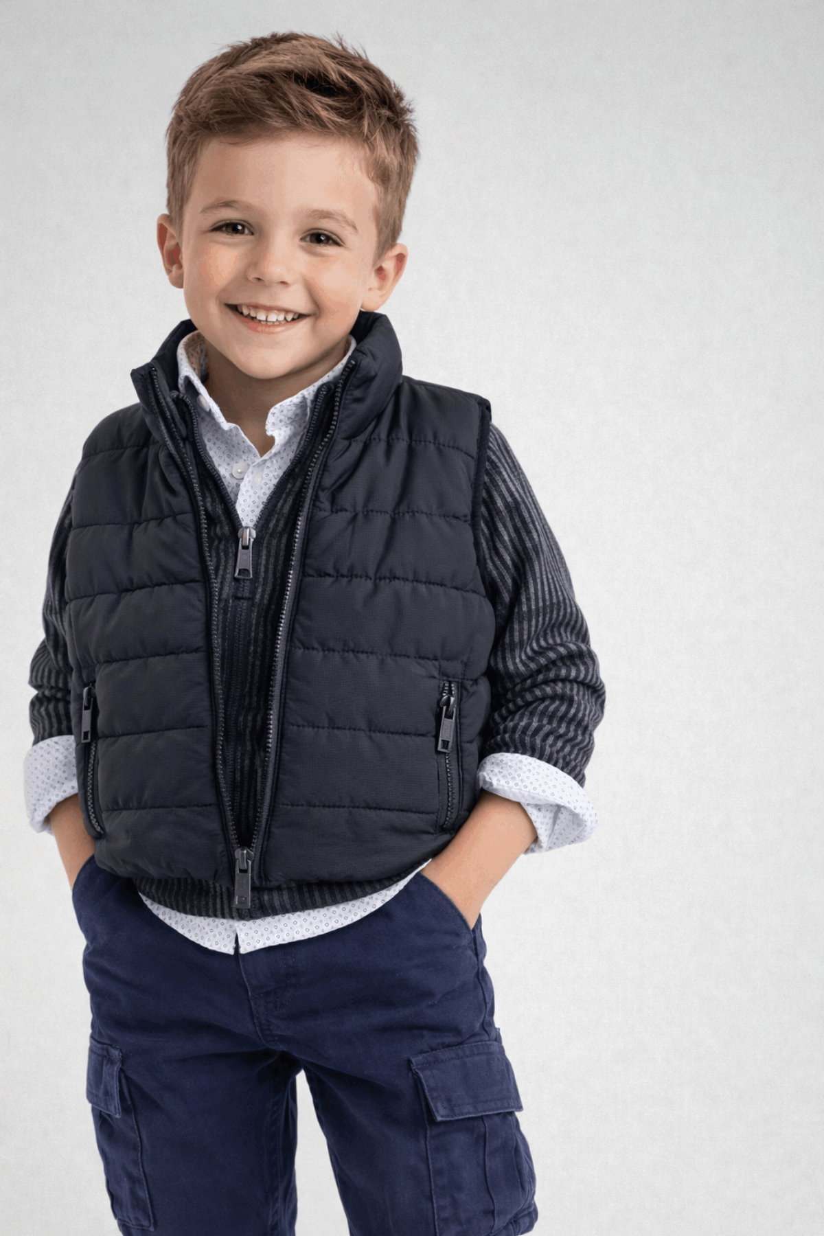 2-9 Yaş Premium Çizgi Detay Şişme Yelekli Pantolonlu 4lü Erkek Çocuk Takım Lacivert