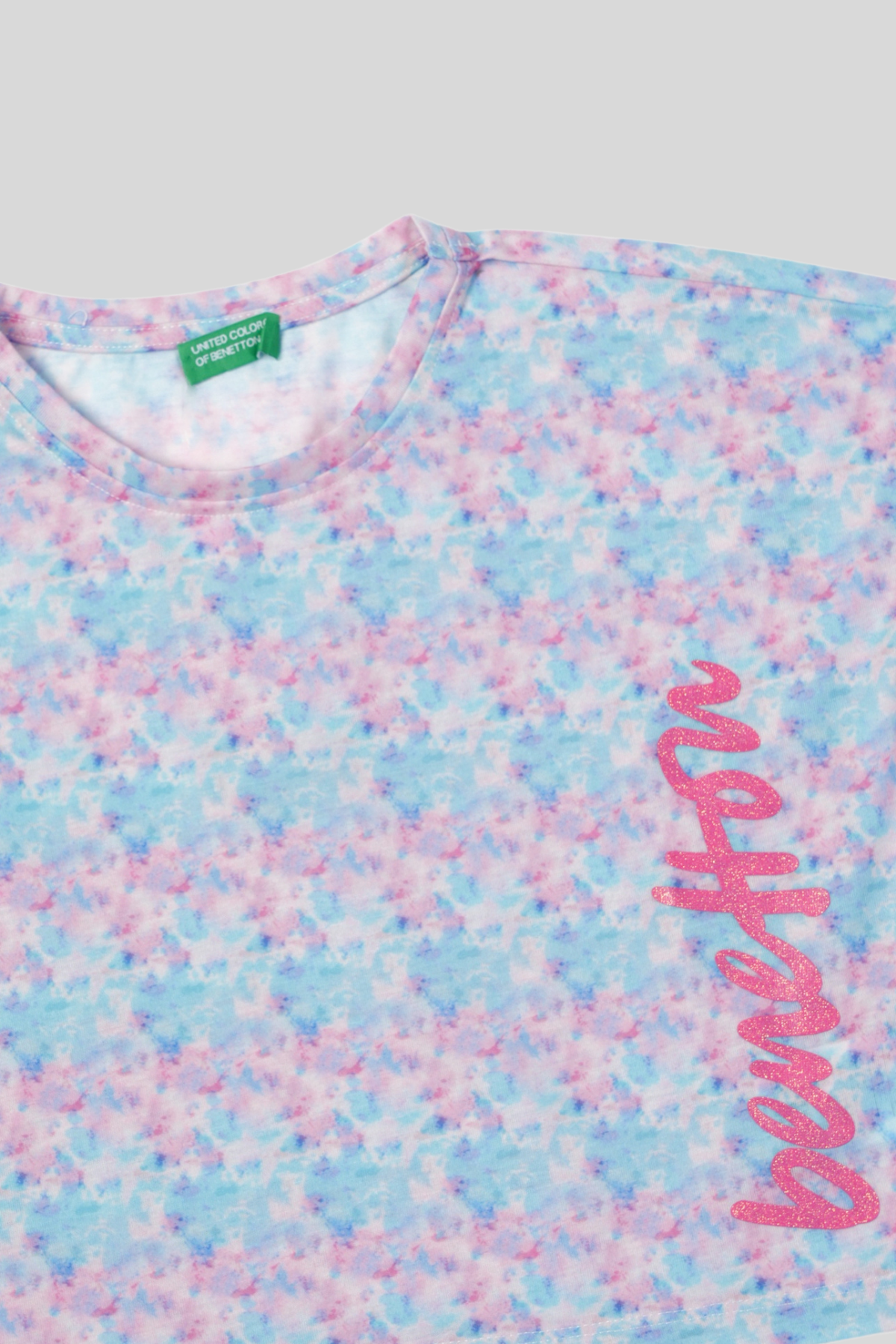 4-14 Yaş Benetton Batik Desen Kız Çocuk T-shirt Turkuaz