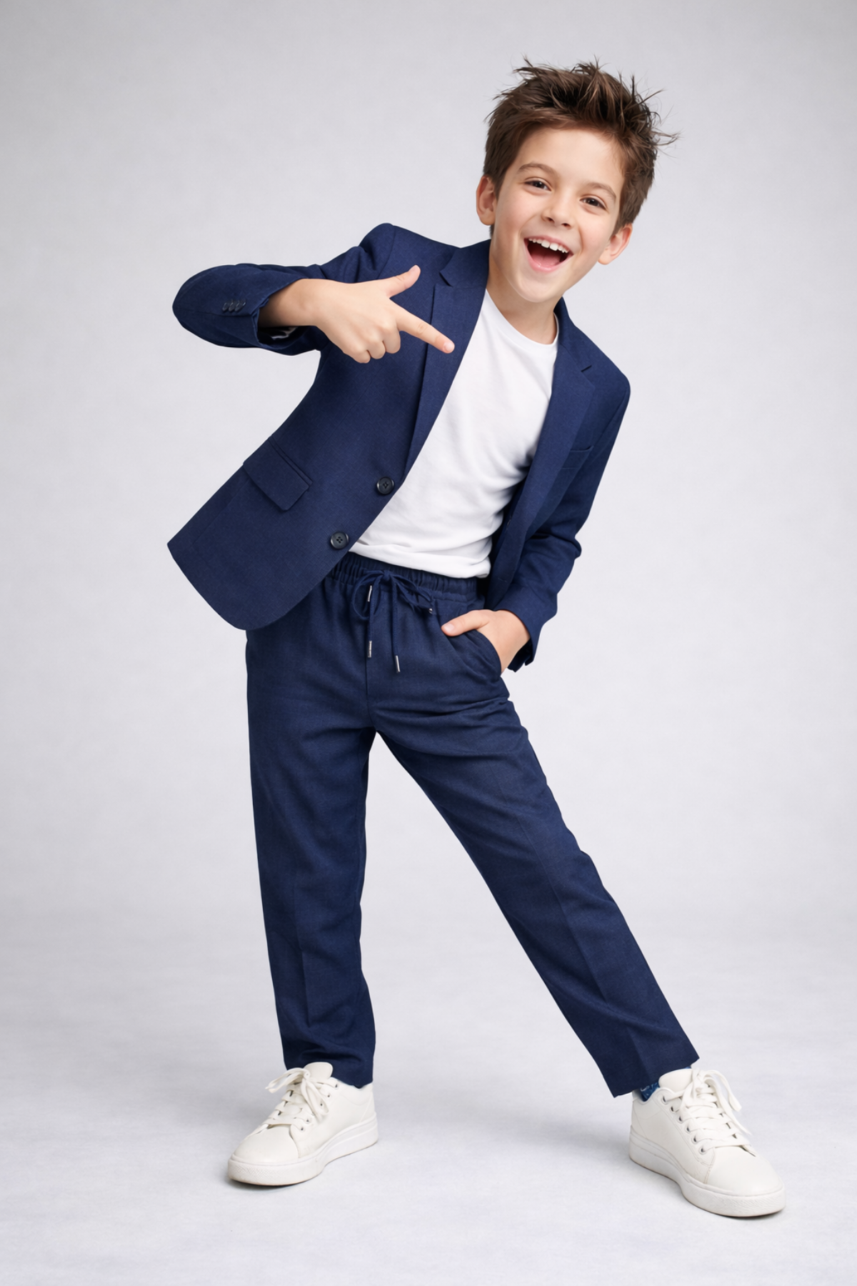 2-13 Yaş Premium Tişörtlü Başak Doku Keten Çocuk Takım Elbise Lacivert