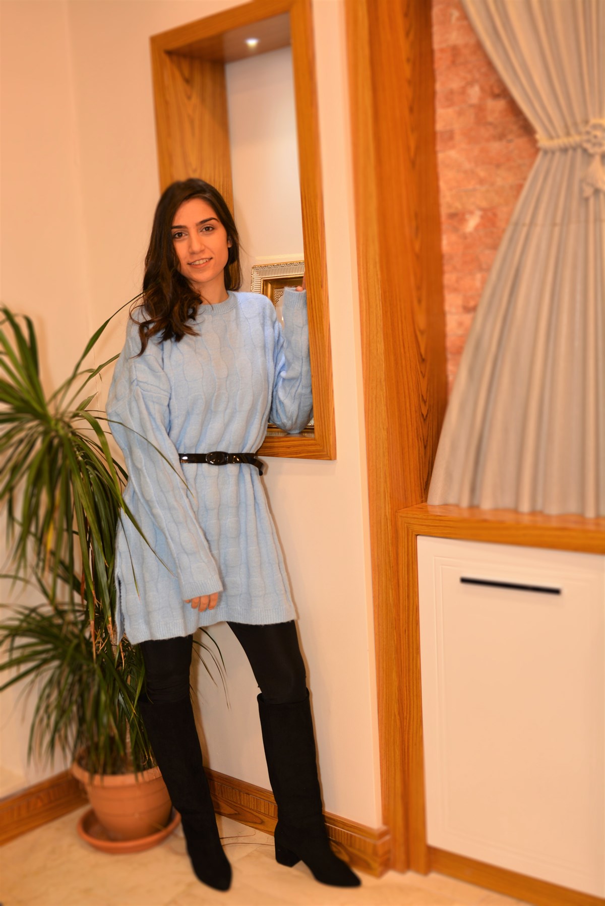 Bebe Mavi Bombeli Yumoş Triko Elbise