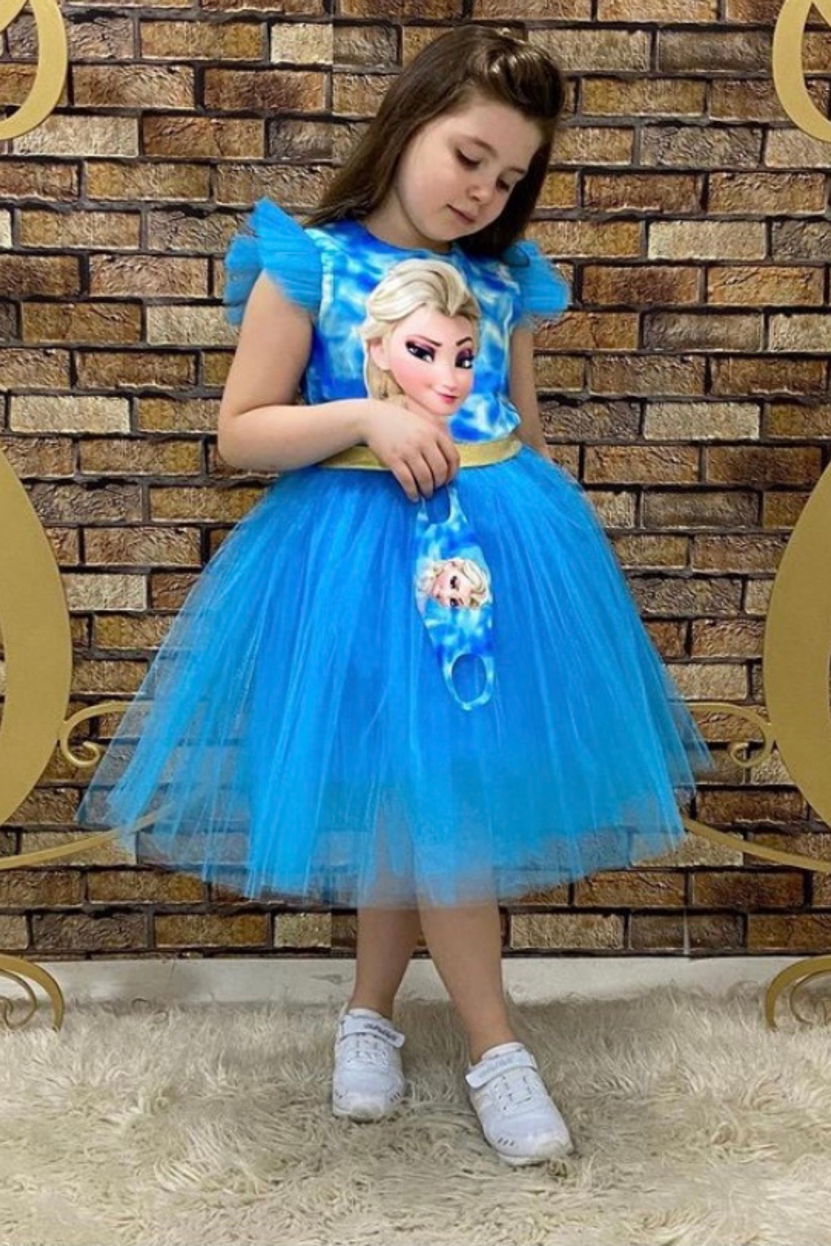 Maske Hediyeli Tül Detay Elsa Elbise