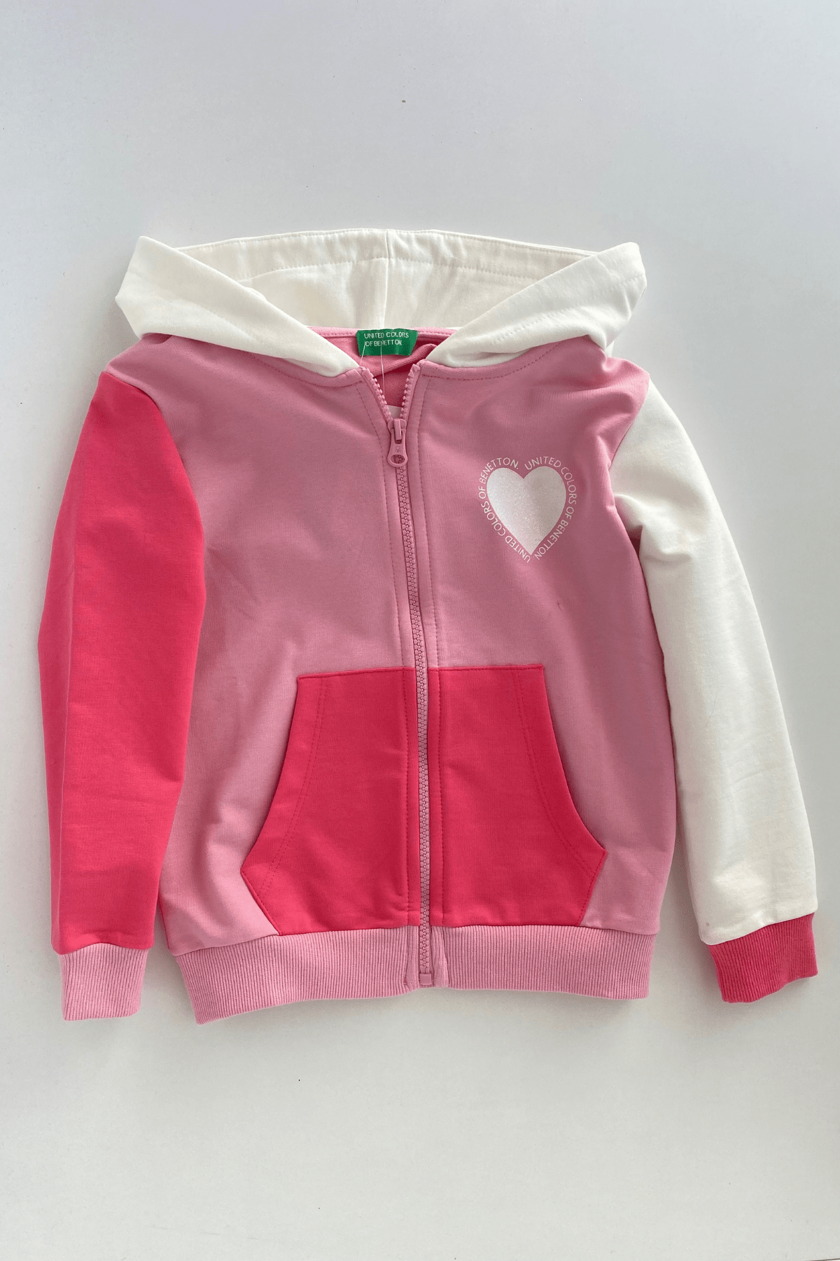 4-14 Yaş Benetton Kalp Baskılı Fermuarlı Kapüşonlu Kız Çocuk Sweatshirt Pembe