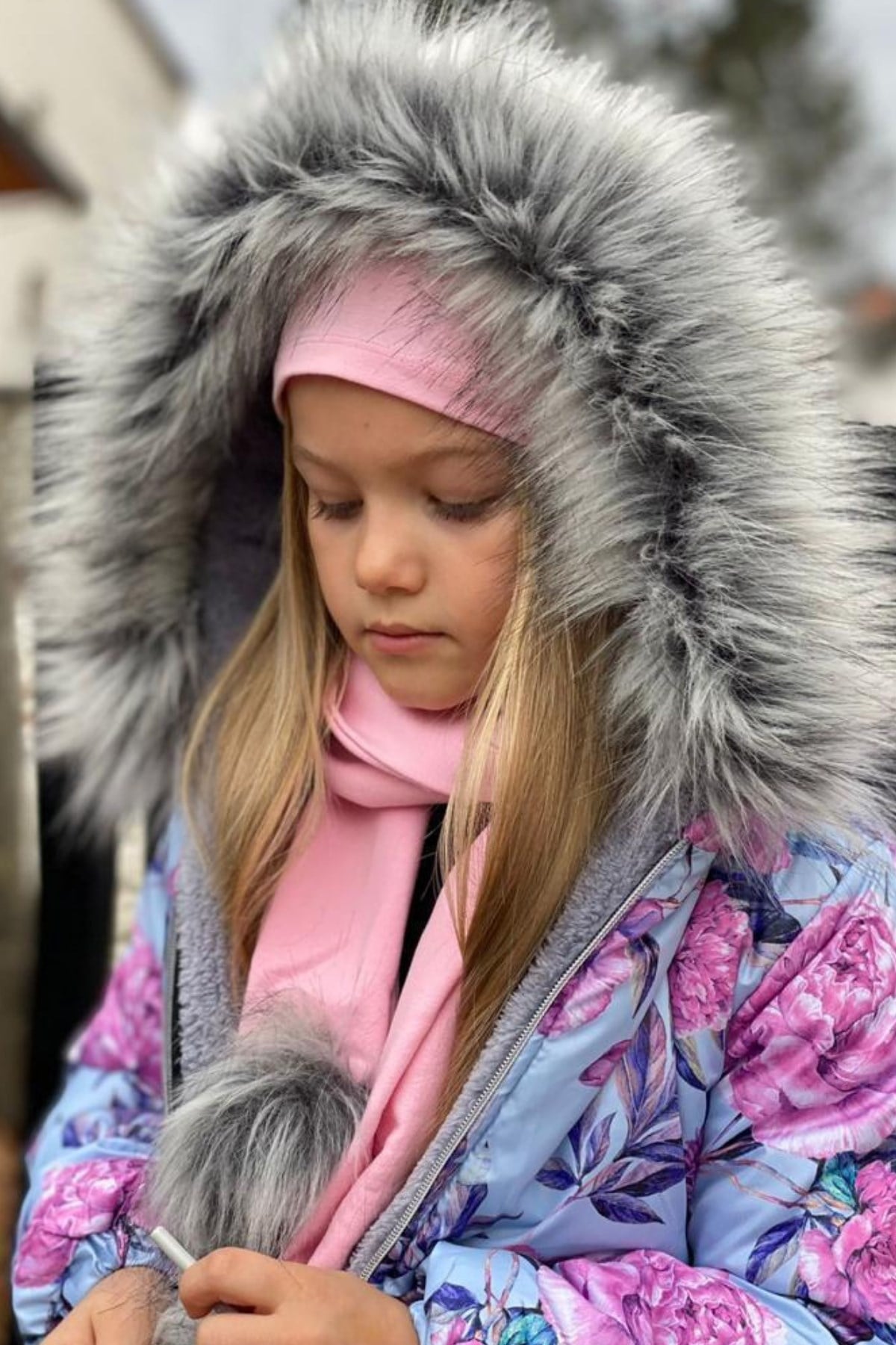 Çiçek Desen Kız Çocuk Mont Atkı Bere Seti