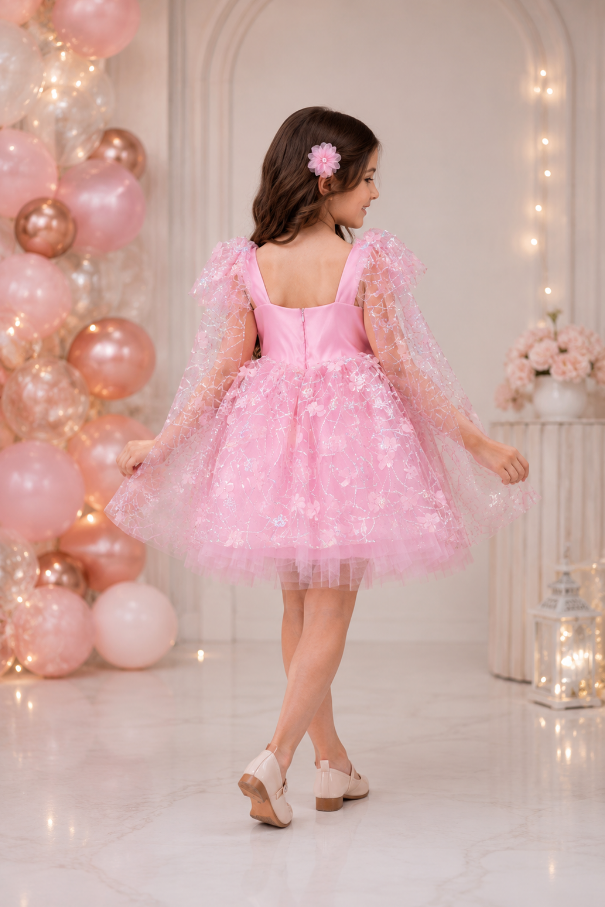 3-12 Yaş Butterfly Kabartma Detay Kız Çocuk Abiye Elbise Pembe