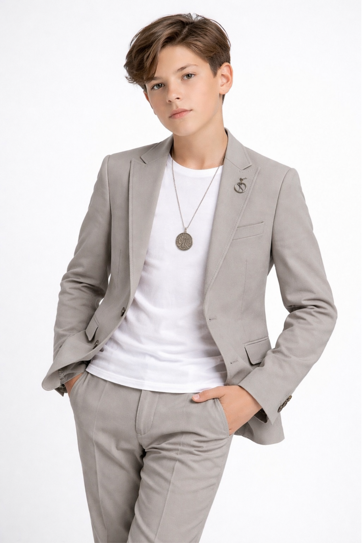 3-14 Yaş Oscar Tişörtlü Kolyeli Erkek Çocuk Takım Elbise Mezuniyet Gri