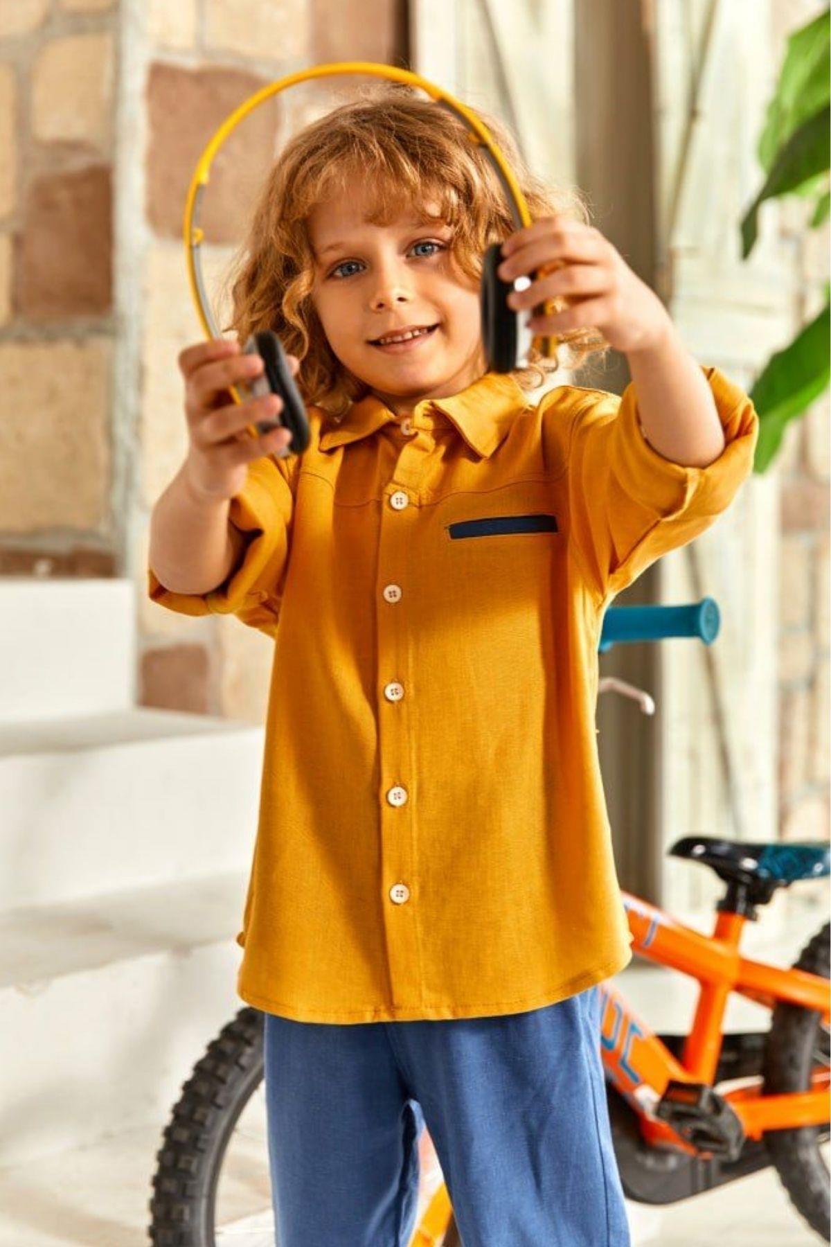 Cep Detay Gömlek Pantolon Erkek Çocuk Takım Hardal Sarı