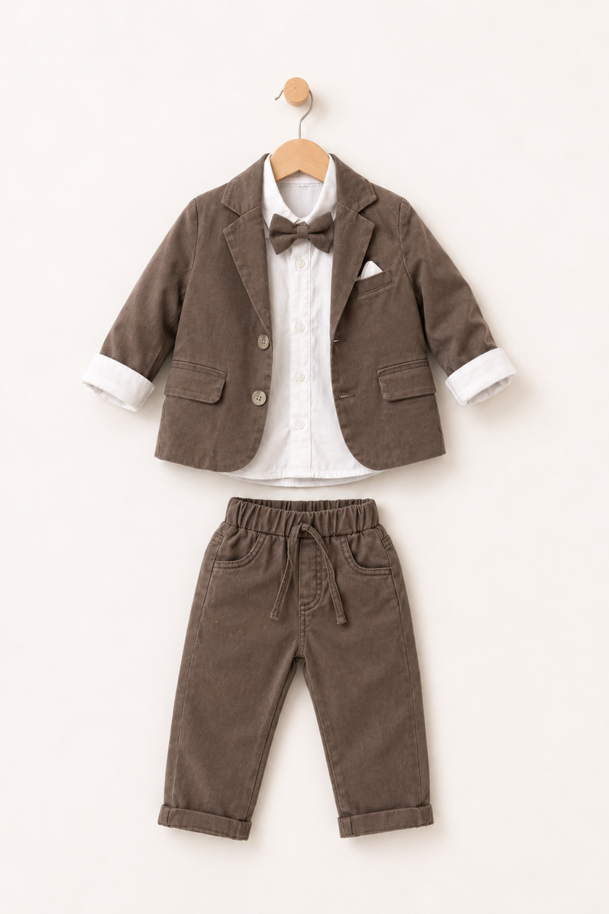 6-24 Ay Papyonlu Ceketli Erkek Bebek Takım Elbise Kahverengi
