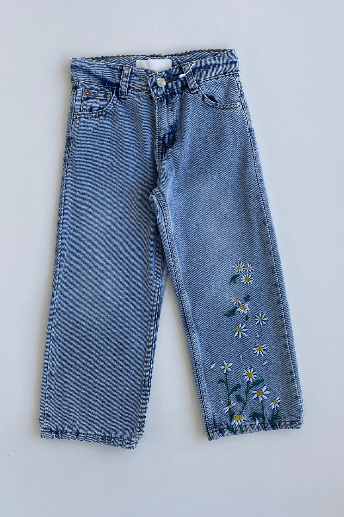 5-12 Yaş Çiçek nakışlı Kız Çocuk Kot Pantolon Mavi