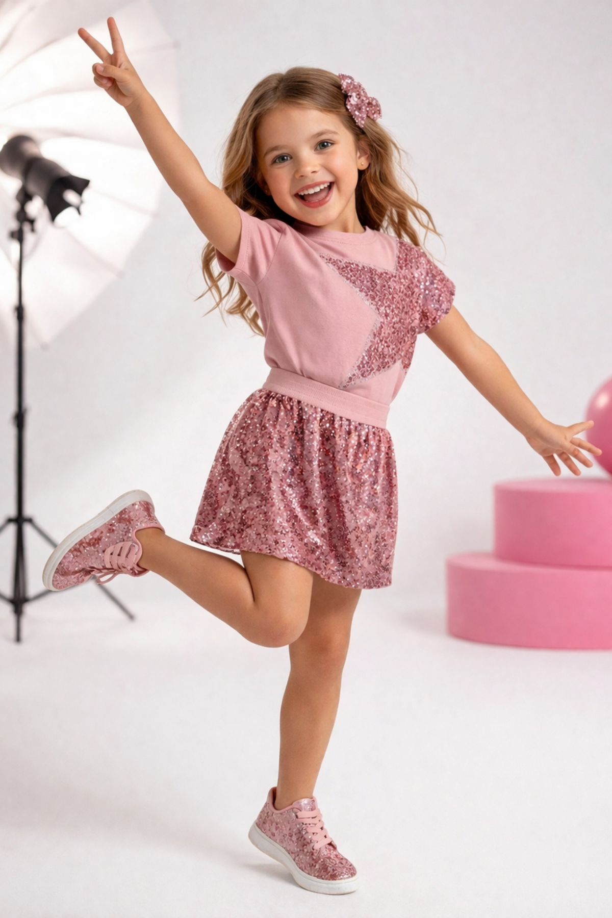4-10 Payetli Yıldız Detay Şort Etekli Kız Çocuk Takım Gül Kurusu
