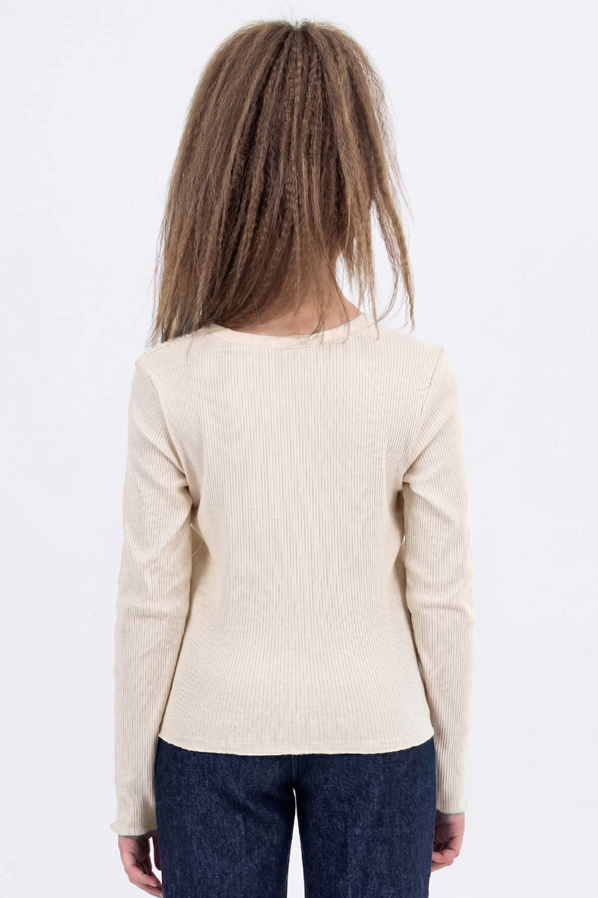 4-14 Yaş Fitilli Uzun Kollu Kız Çocuk Body Basic Krem