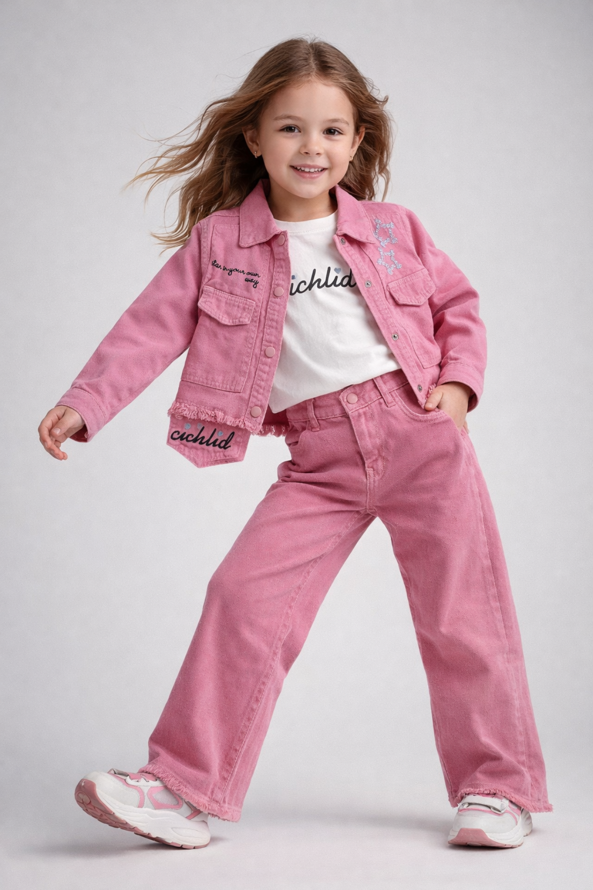 4-8 Yaş Yıldız Nakışlı Ceketli Gabardin 3lü Kız Çocuk Takım Pembe
