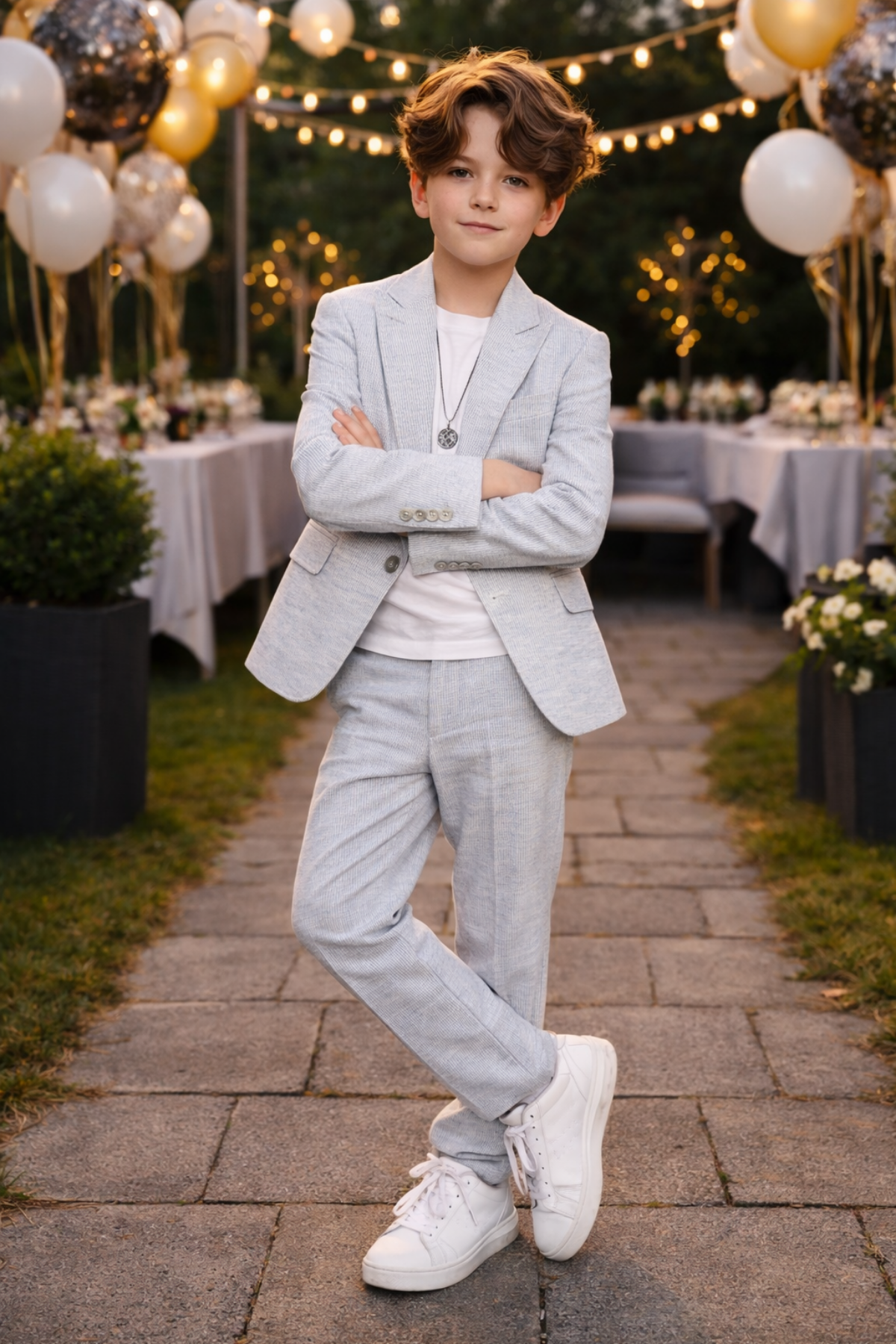 3-14 Yaş Vega Premium Çizgili Kolyeli Keten Çocuk Takım Elbise Mavi