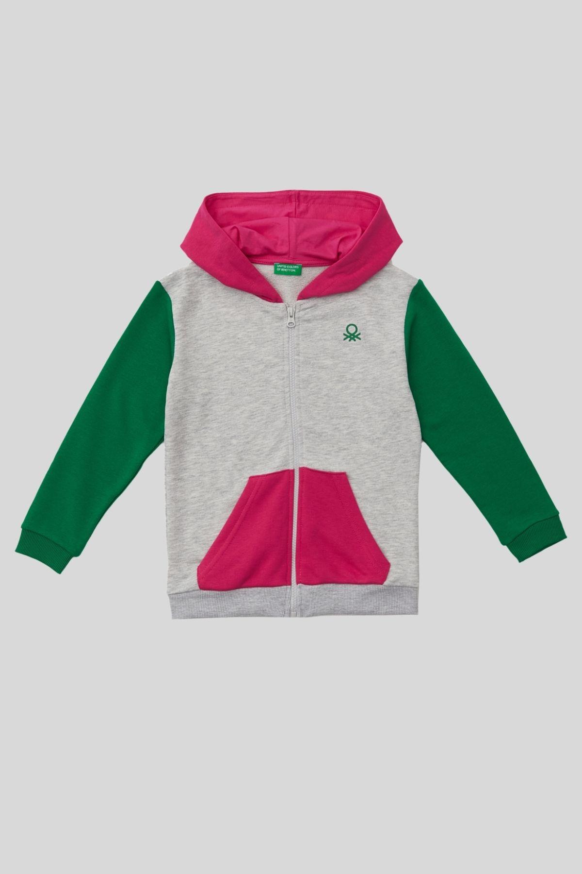 4-14 yaş Benetton Kapüşonlu Renkli Kız Çocuk Sweat Ceket