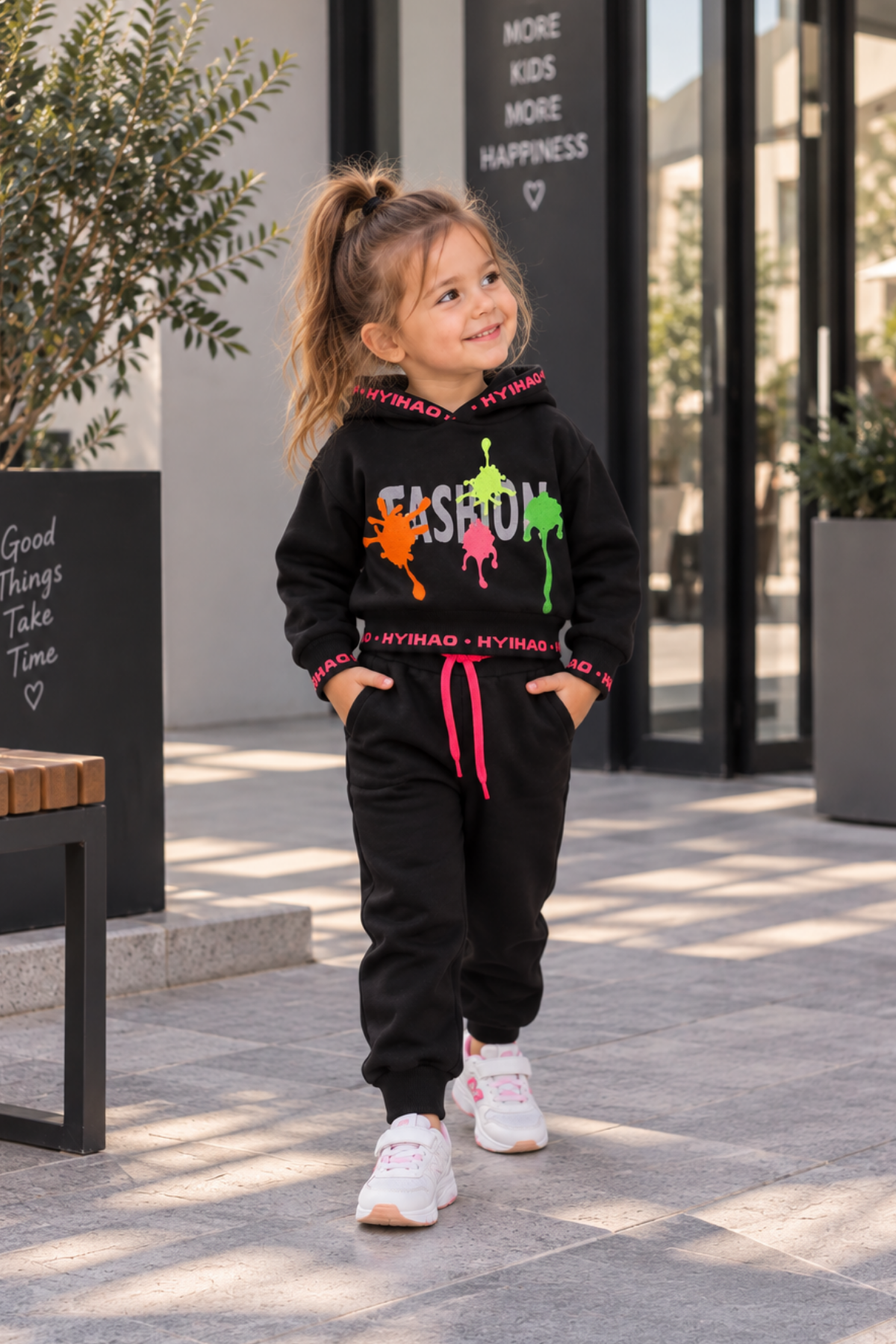 Fashion East Neon Detay Fileli Kız Çocuk Eşofman Takımı Siyah