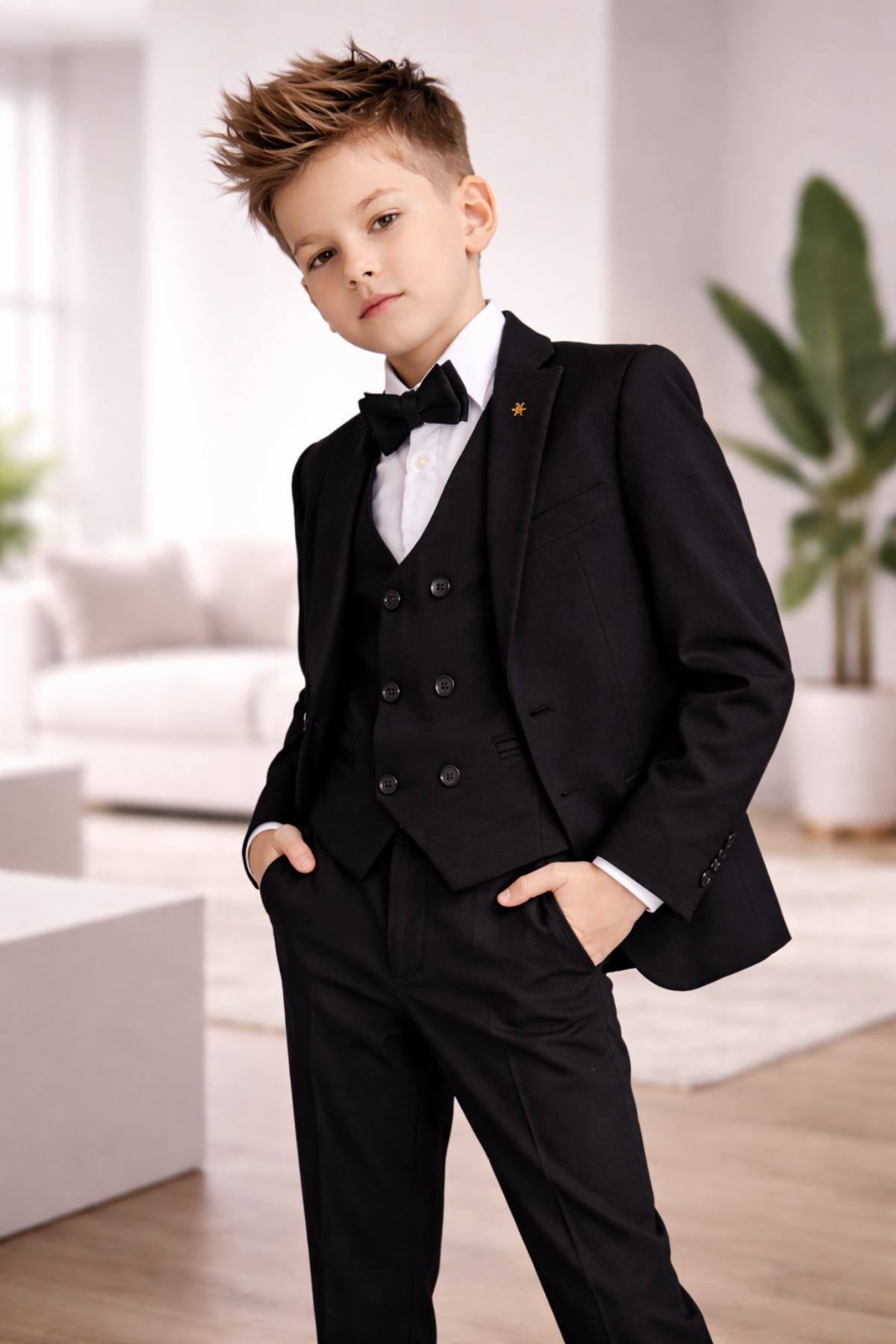 1-16 Yaş Çift Düğme Yelekli Ceketli Erkek Çocuk Takım Elbise Siyah
