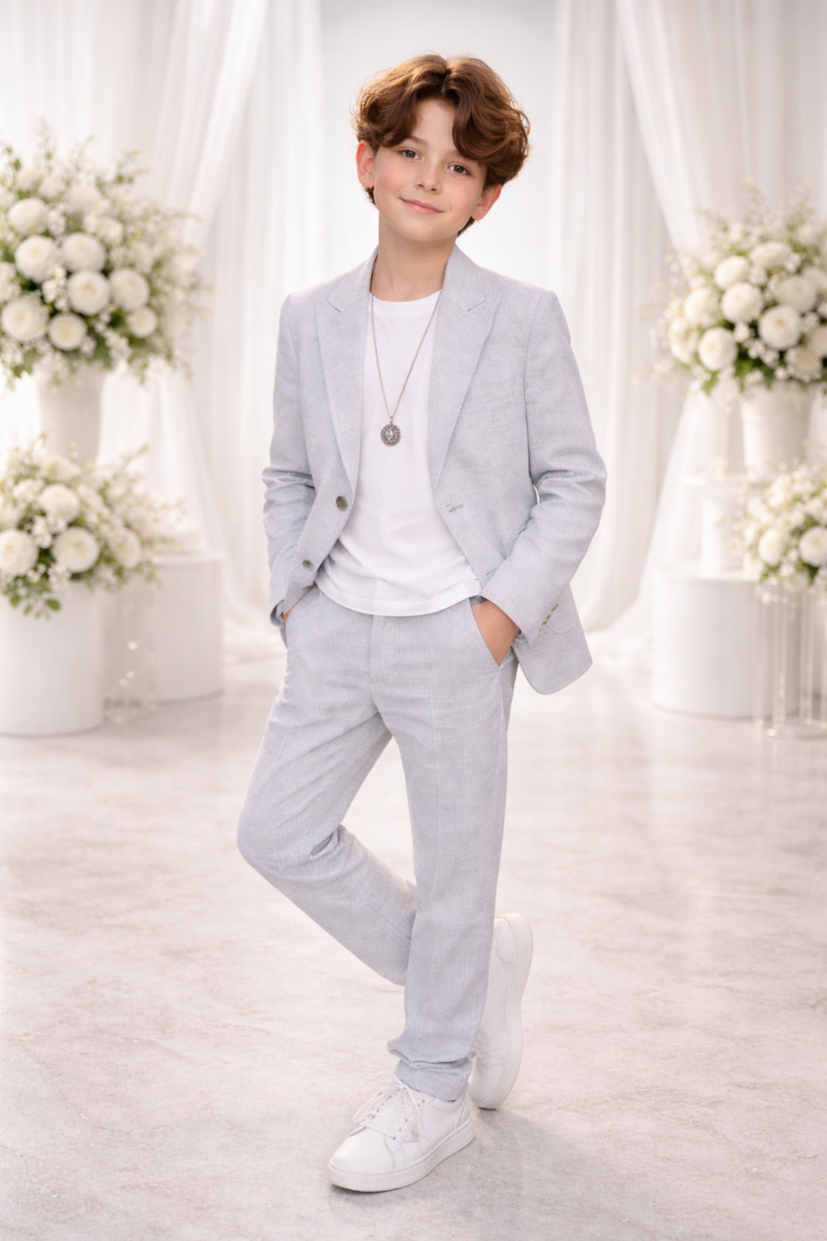 3-14 Yaş Vega Premium Çizgili Kolyeli Keten Çocuk Takım Elbise Mavi