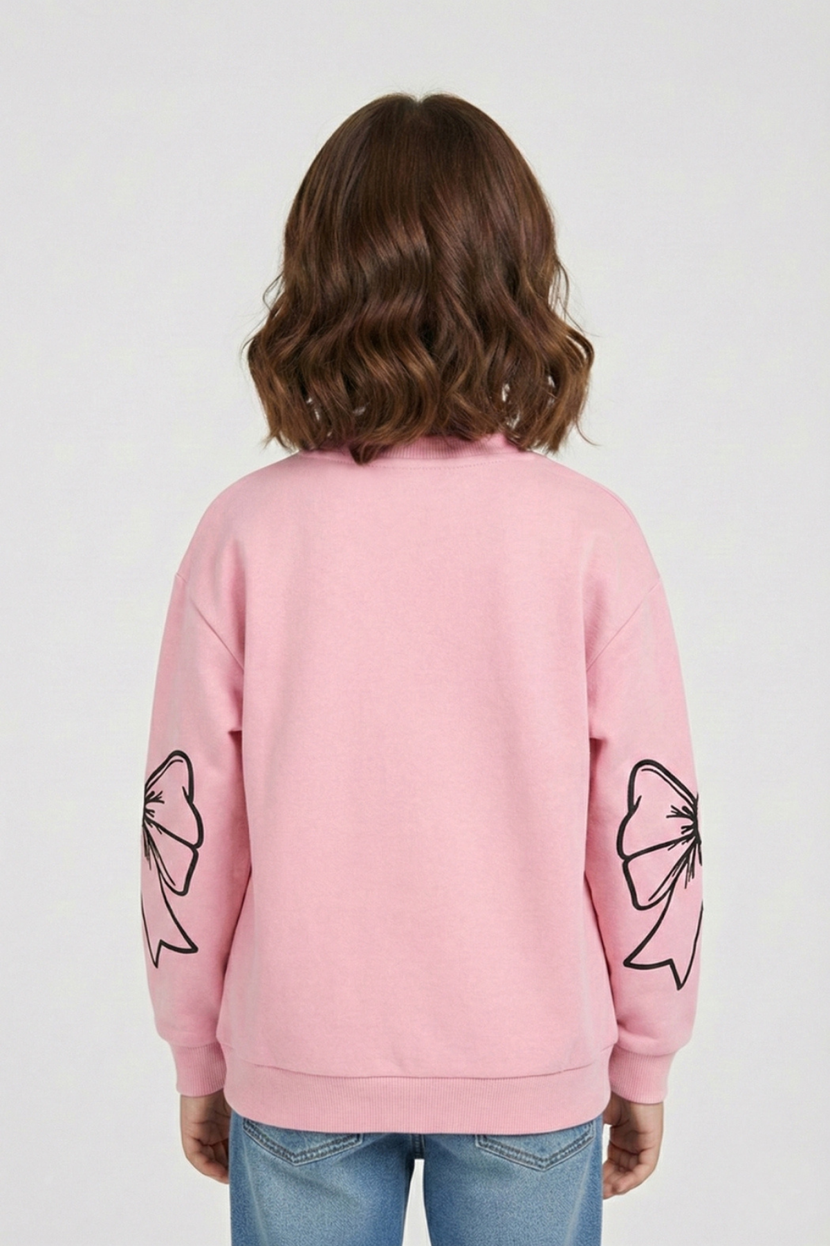 4-9 Yaş Büyük Fiyonklu Baskılı Kız Çocuk Sweat Pembe