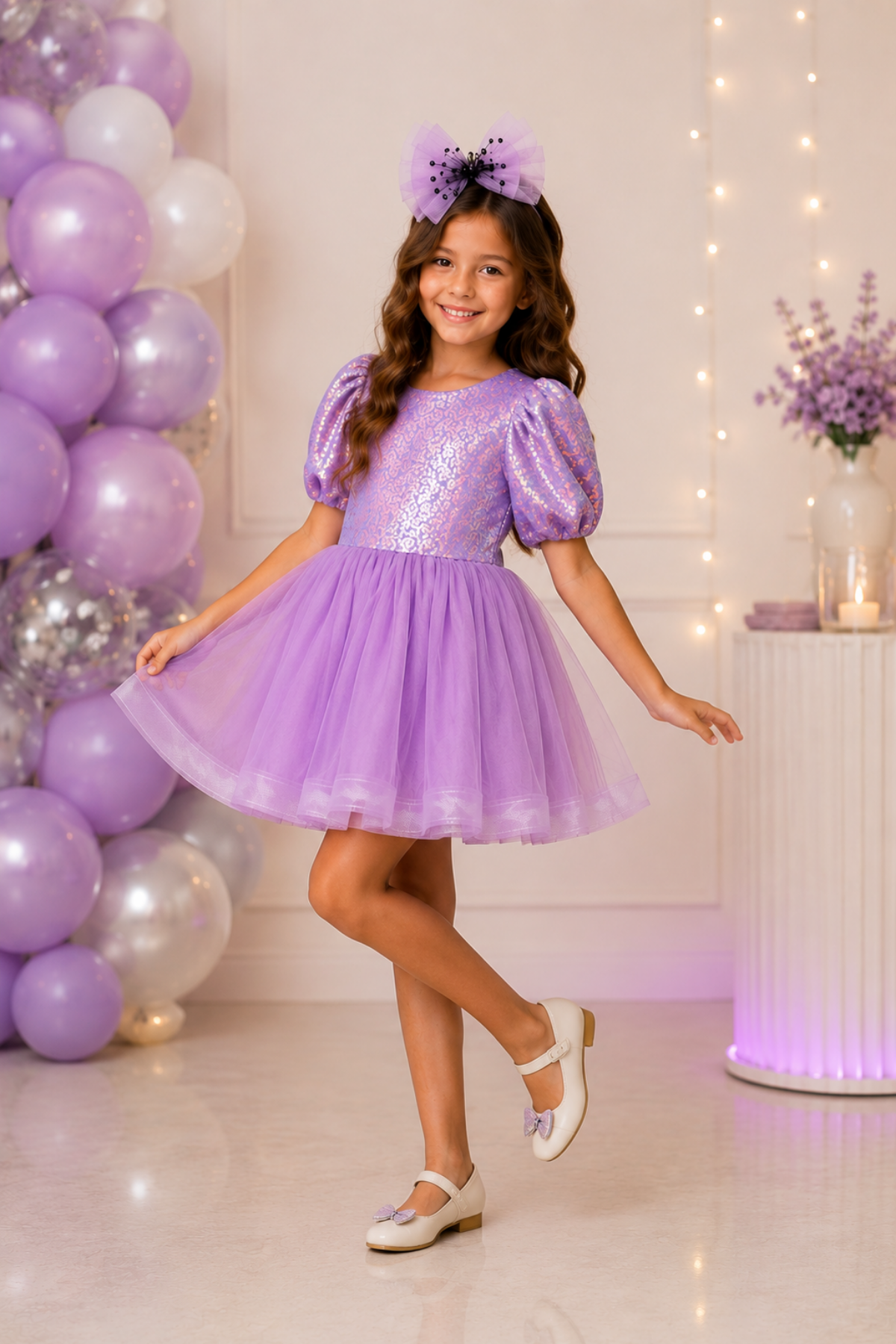 3-12 Yaş Star Girl Payetli Kısa Kollu Balerin Abiye Elbise Lila