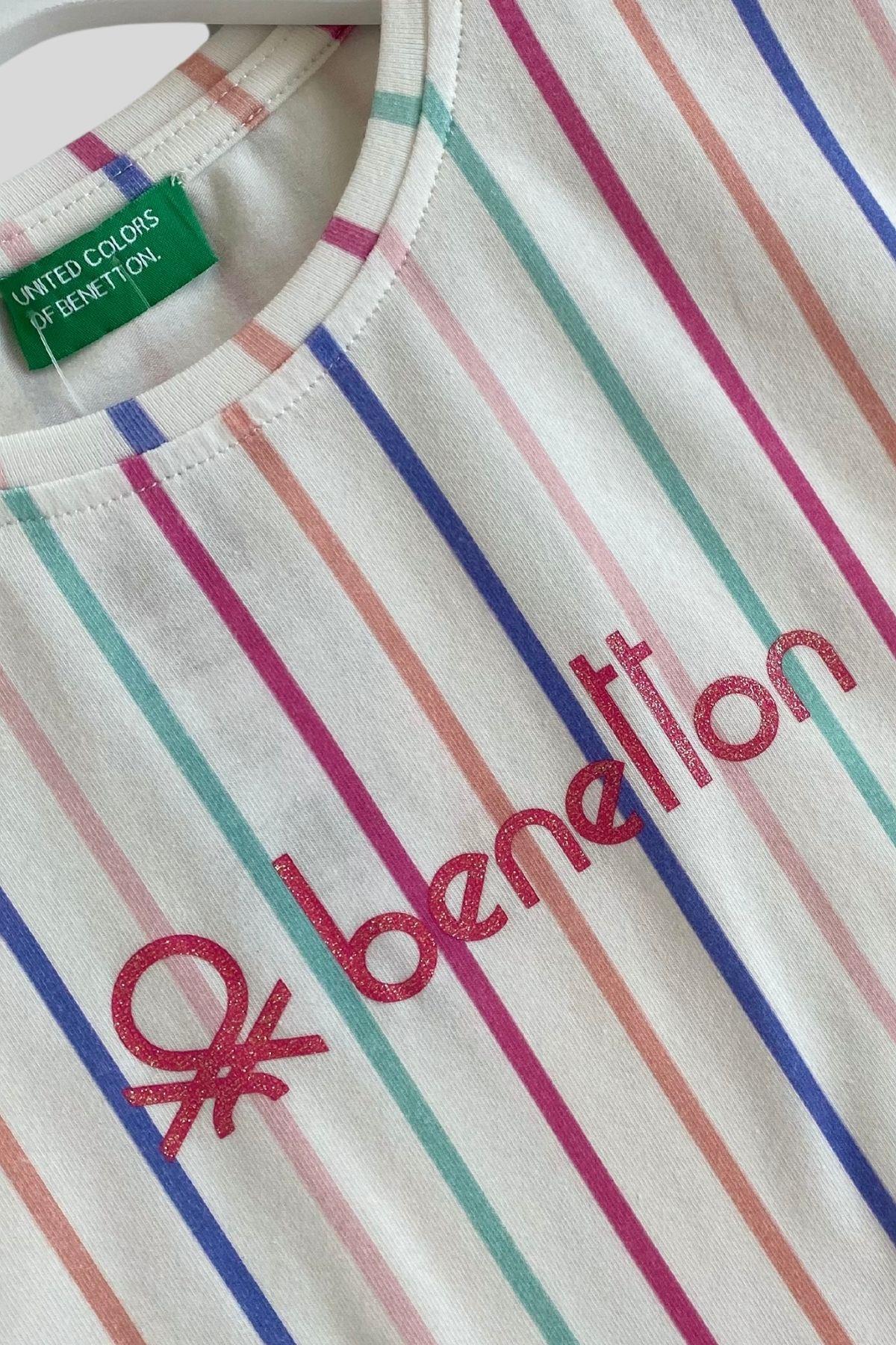 4-14 Yaş Benetton Kolları Fırfırlı Çizgili Kız Çocuk Tshirt Beyaz
