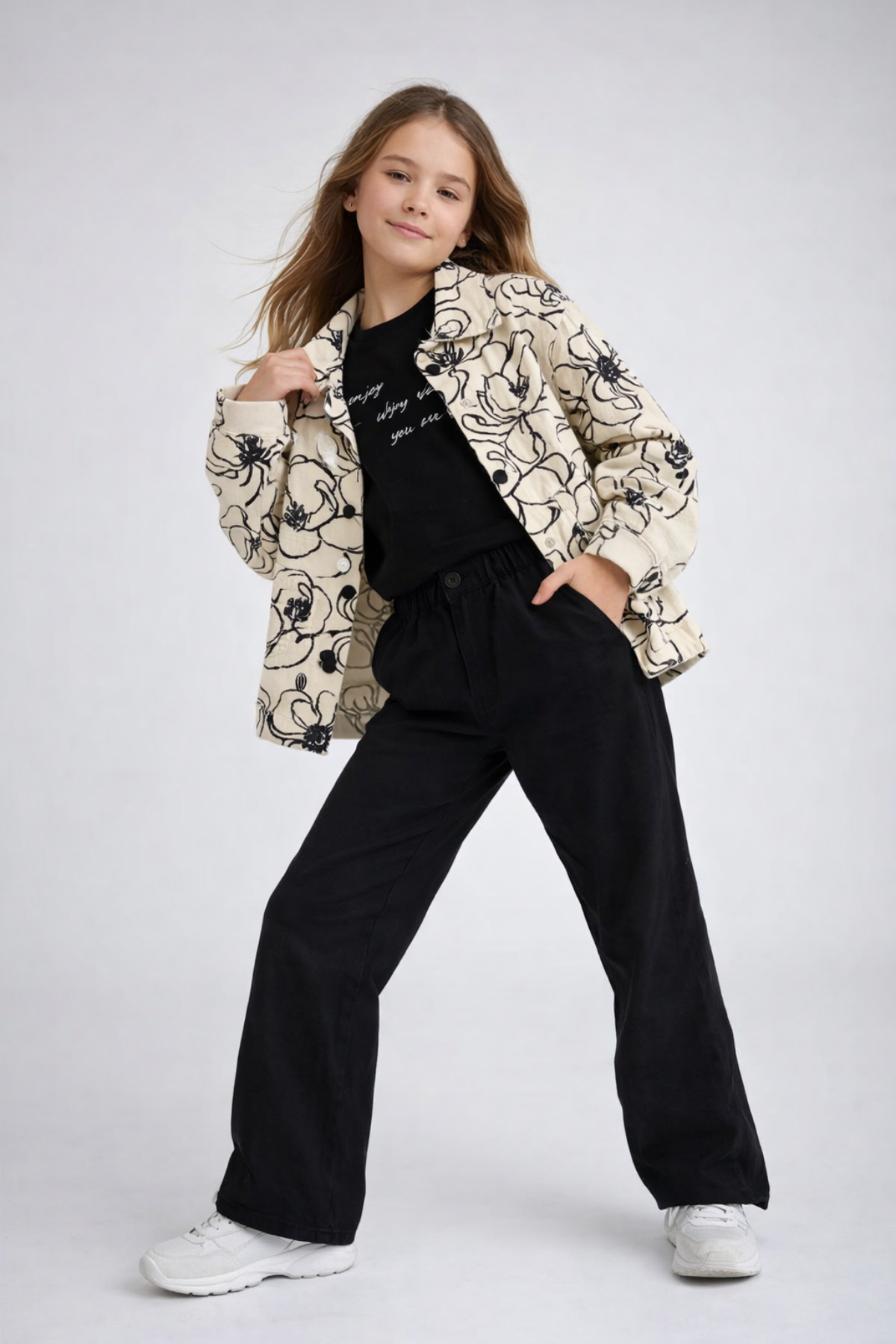 9-14 Yaş Gül Baskılı Ceketli Gabardin Kız Çocuk Takım Siyah