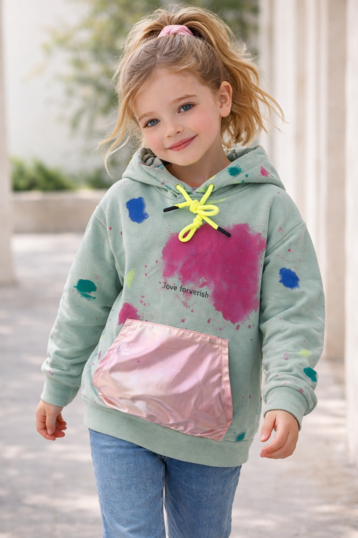 6-9 Yaş Batik Desen Kapüşonlu Kız Çocuk Sweat Yeşil