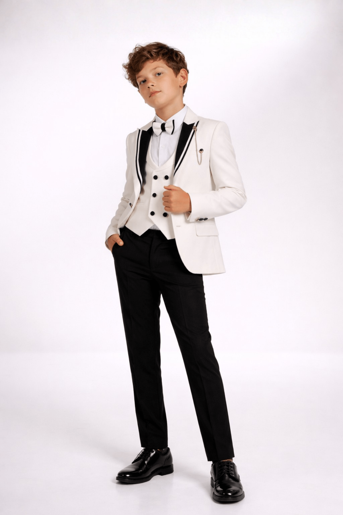 3-14 Yaş Premium Yeleği Katlamalı Erkek Çocuk Damatlık Krem