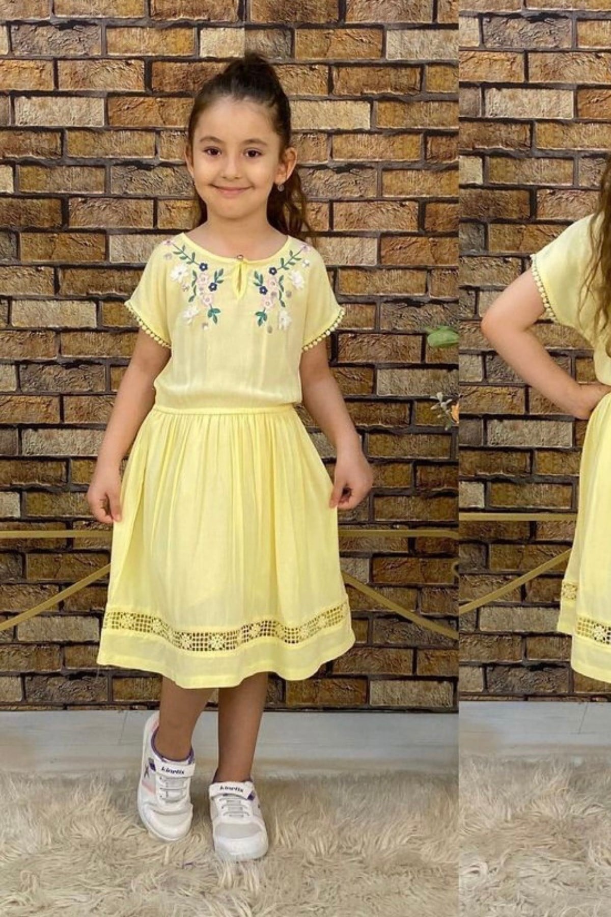  Çiçek Nakışlı Kısa Kol Kız Çocuk Elbise Sarı