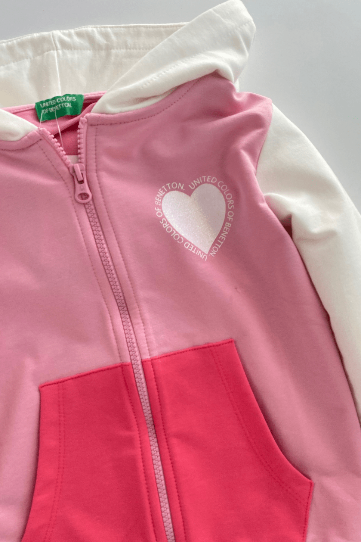 4-14 Yaş Benetton Kalp Baskılı Fermuarlı Kapüşonlu Kız Çocuk Sweatshirt Pembe