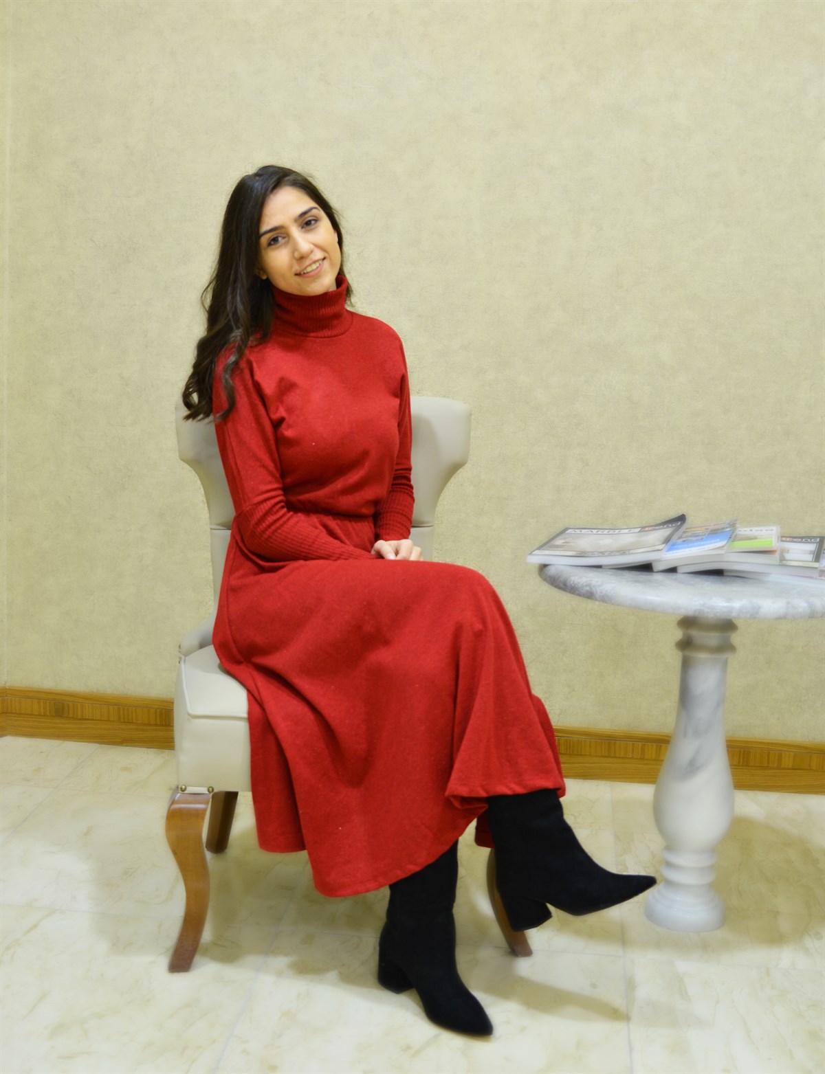 Kırmızı Balıkçı Yaka Kırçıllı Triko Çan Elbise