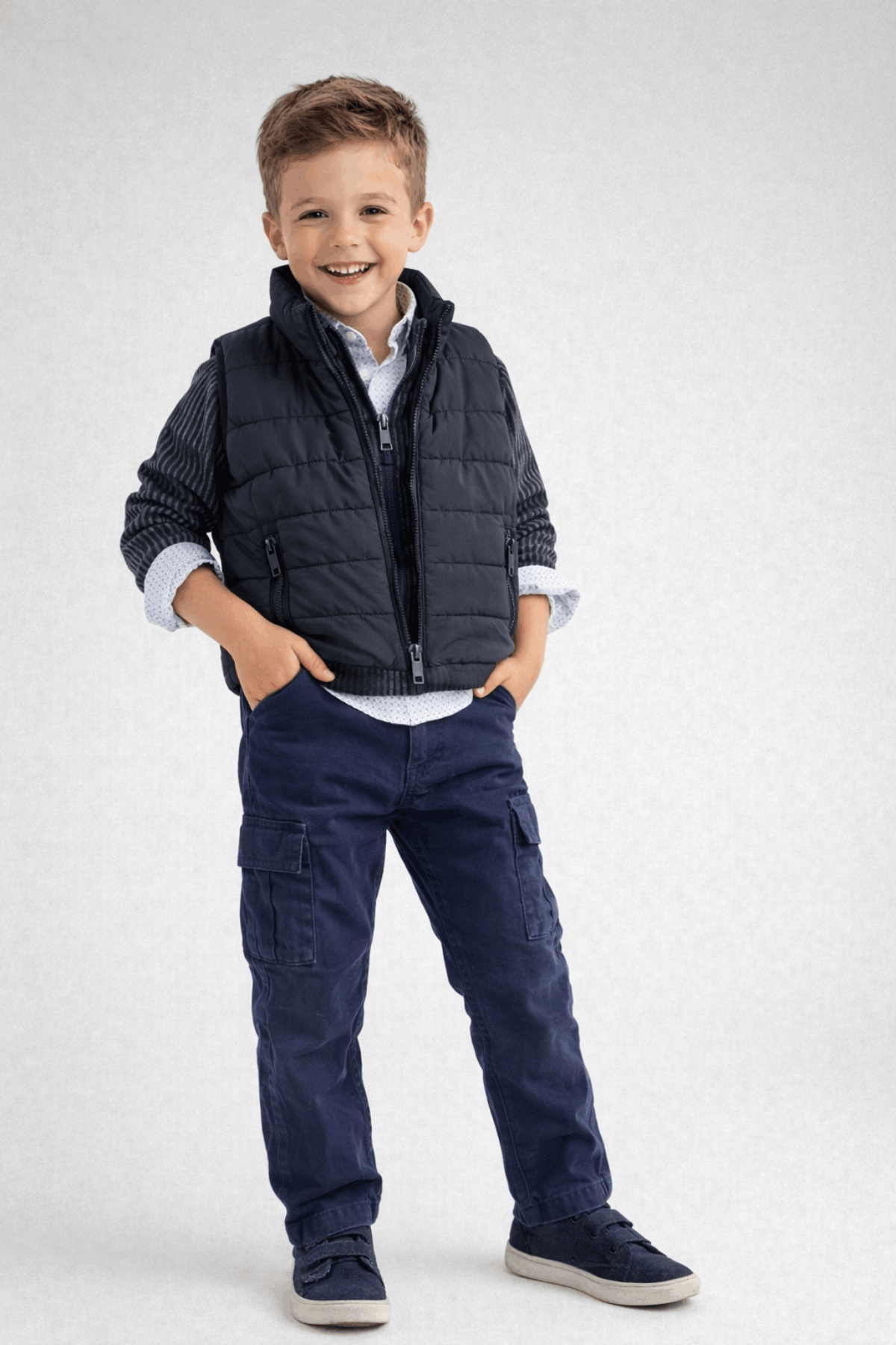 2-9 Yaş Premium Çizgi Detay Şişme Yelekli Pantolonlu 4lü Erkek Çocuk Takım Lacivert