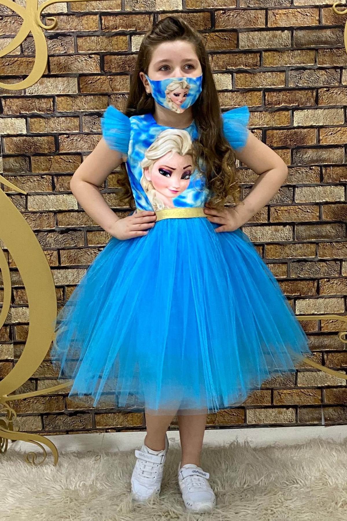Maske Hediyeli Tül Detay Elsa Elbise